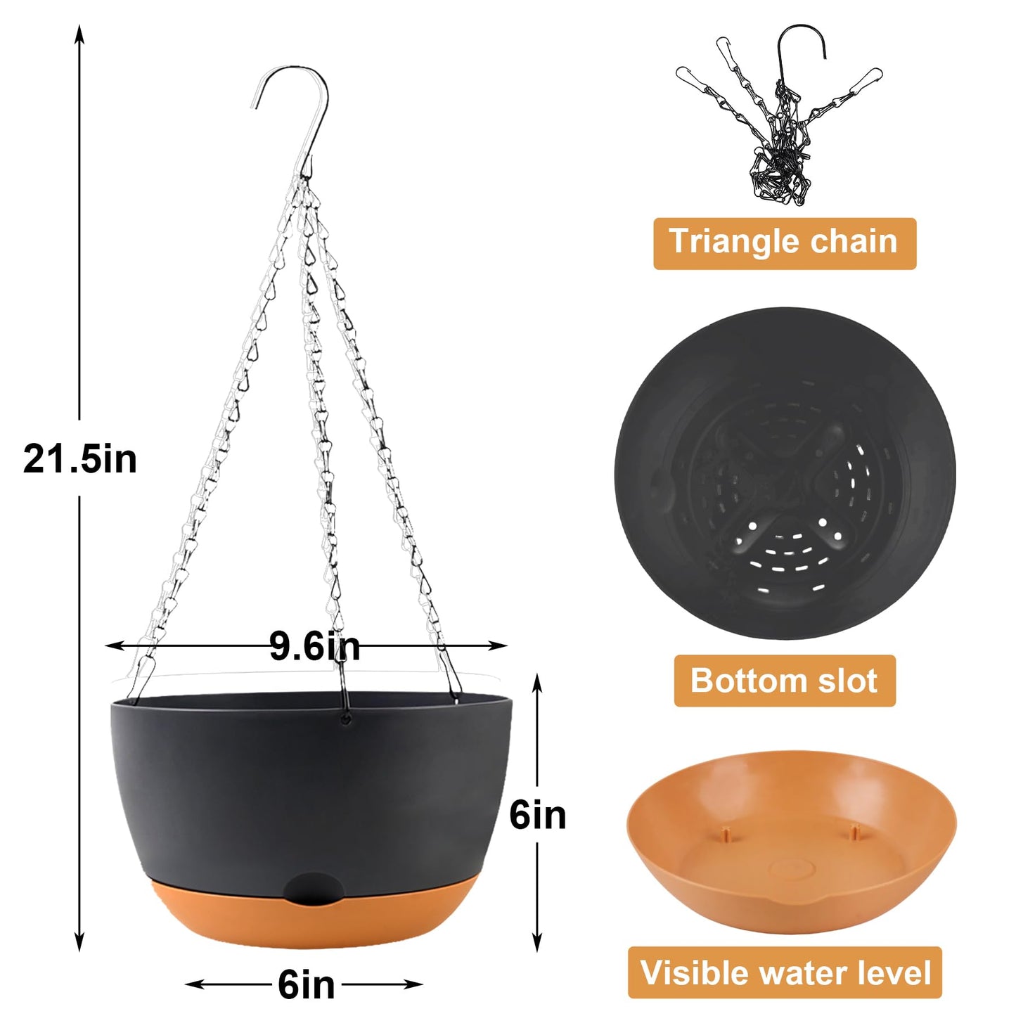 10 inch Plant Pot Hanging Planters Self Watering Pots for Indoor Plants, 3 Pack Plastic Hanging Basket with Removable Tray for Home Garden Porch Balcony Patio Decor(Black)