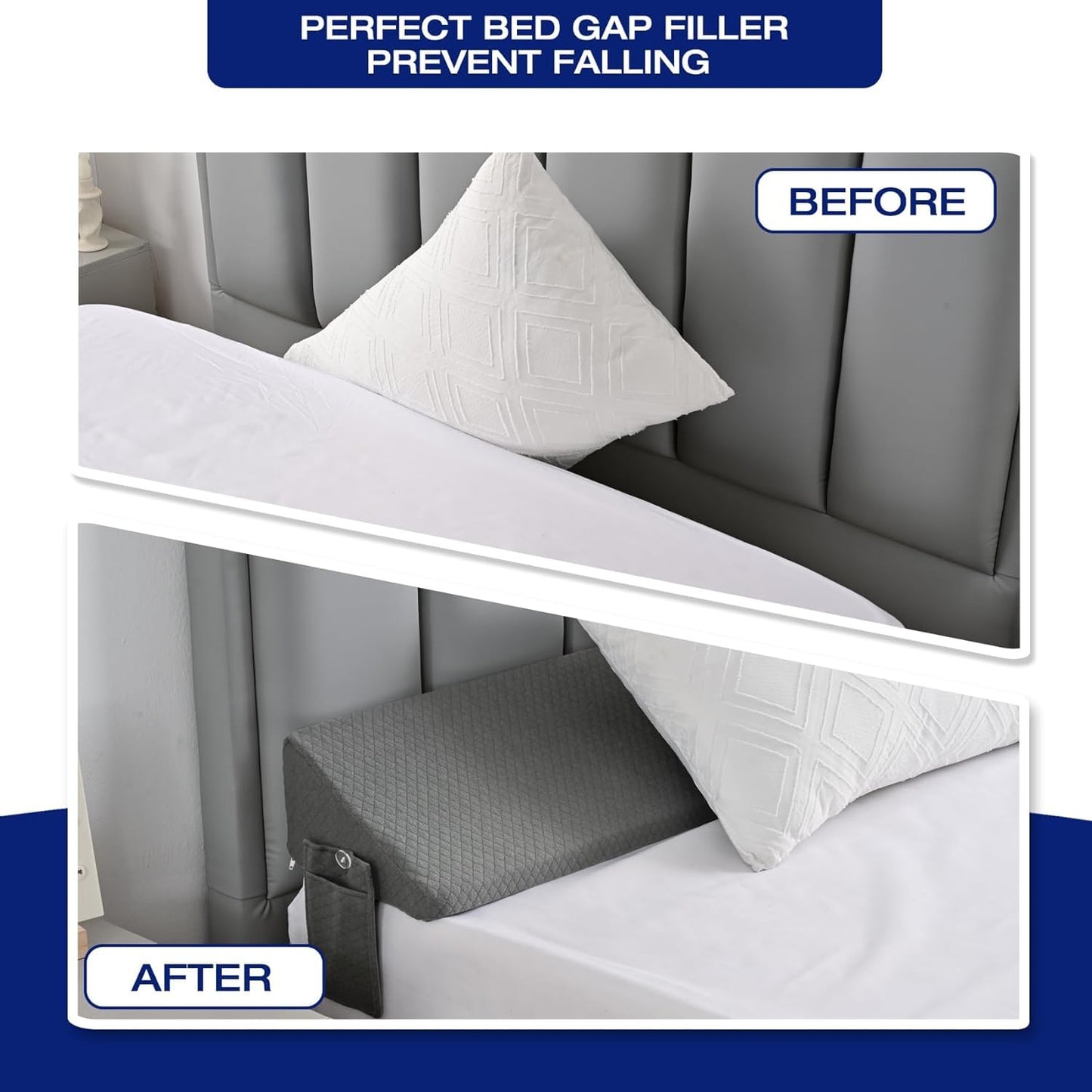 Bed Wedge Pillow for Headboard Gap Filler Mattress Gap Filler(0-8") Bed Wedge for Headboard Gaps Between Your Headboards and Mattress，Headboards Pillow (Grey, Queen(60"x6"x10"))