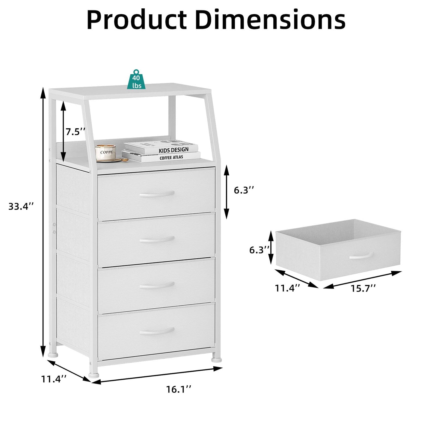 Mexin Dresser for Bedroom, Tall Night Stand with 4 Drawers, Bedside Table de Chevet, Small Chest of Drawers for Closet Living Room, White