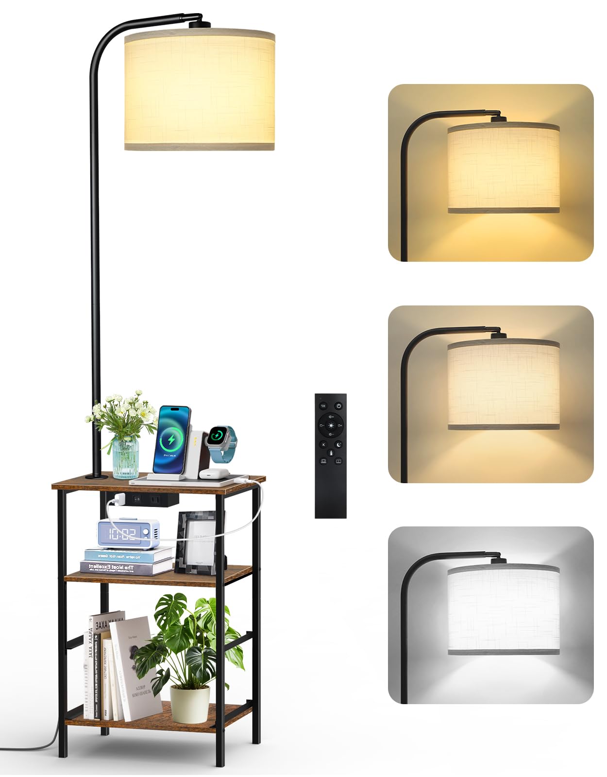 OUTONLIFE Floor Lamp with Table, Remote & 2 Drawers, Side Table with Charging Station, Dimmable Nightstand with 3 Color Temperature, 12W LED Bulb, End Table for Living Room, Bedroom (Rustic Brown)