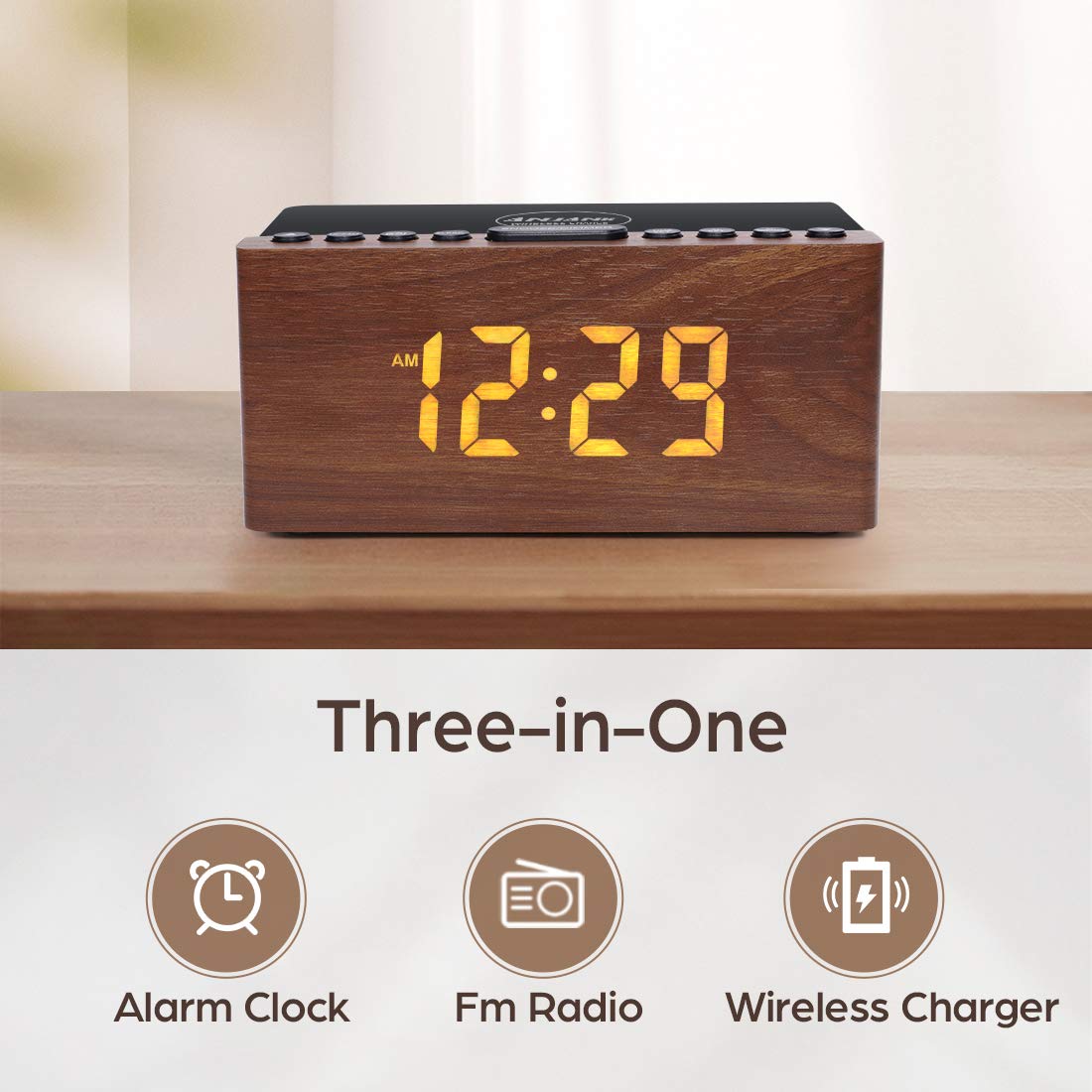 ANJANK Wooden Digital Alarm Clock FM Radio for Bedrooms,10W Fast Wireless Charger Station for iPhone/Samsung Galaxy, 5 Level Dimmer, USB Charging Port, 9 Wake up Sounds, Sleep Timer, Snooze, Bedside