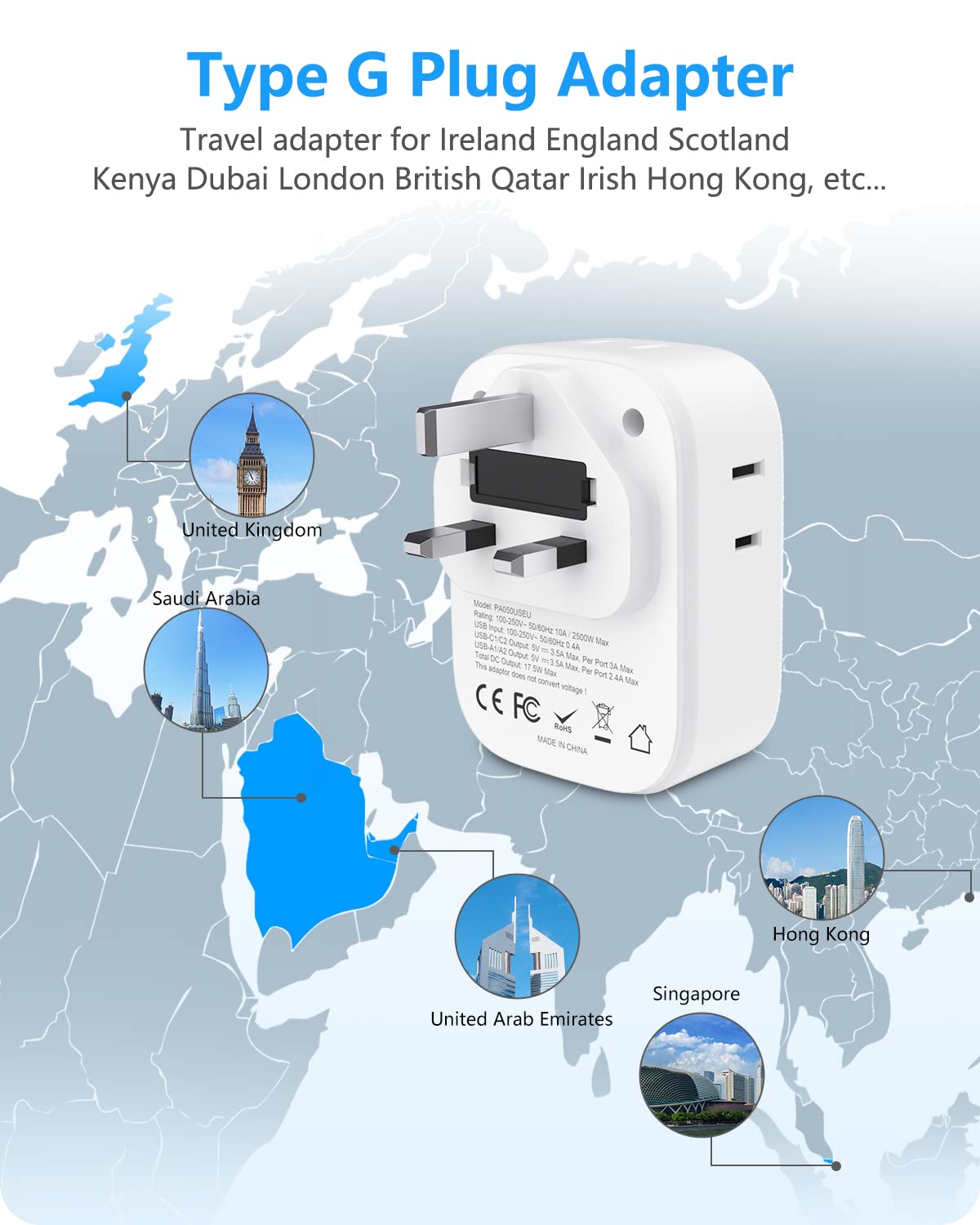 2 Pack Canada to UK Plug Adapter, LENCENT Type G Travel Adapter with 4 USB Charger(2 USB C), 4 Outlets Converter,8 in 1 Ireland Plug Adaptor for US CA to Dubai Scotland British England Hong Kong