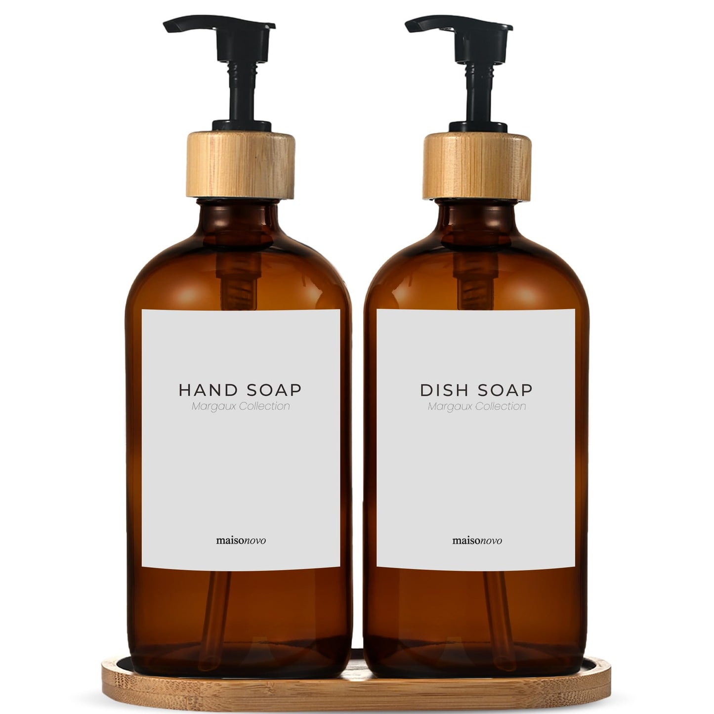 MaisoNovo Glass Dish Soap Dispenser for Kitchen Sink Set of 2-500 ml Dish and Hand Soap Dispenser Set for Kitchen - Amber Glass Bottles with Black Bamboo Pumps x 2, Bamboo Tray