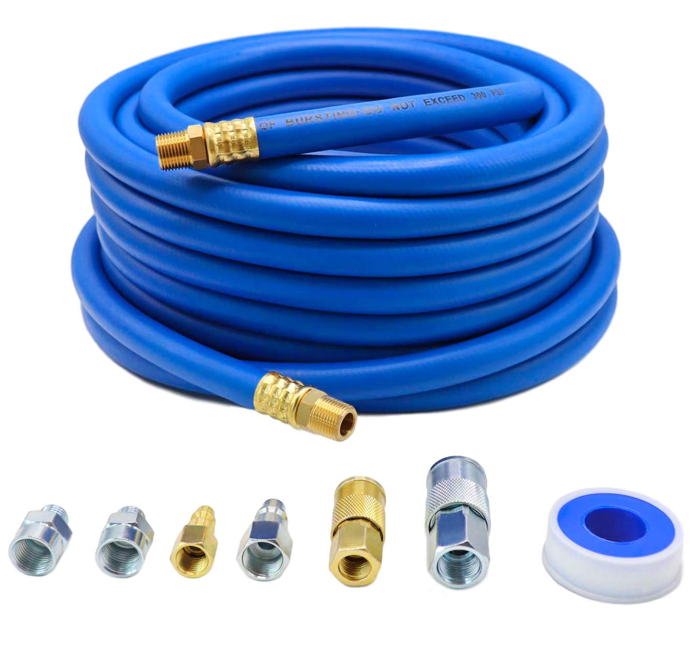 YOTOO Hybrid Air Hose 1/2-Inch I.D. by 50-Feet Long 3/8 inch MNPT Solid Brass Fittings 300 PSI Heavy Duty, Lightweight, Kink Resistant with 3/8" and 1/4" Industrial Quick Coupler Connectors, Blue