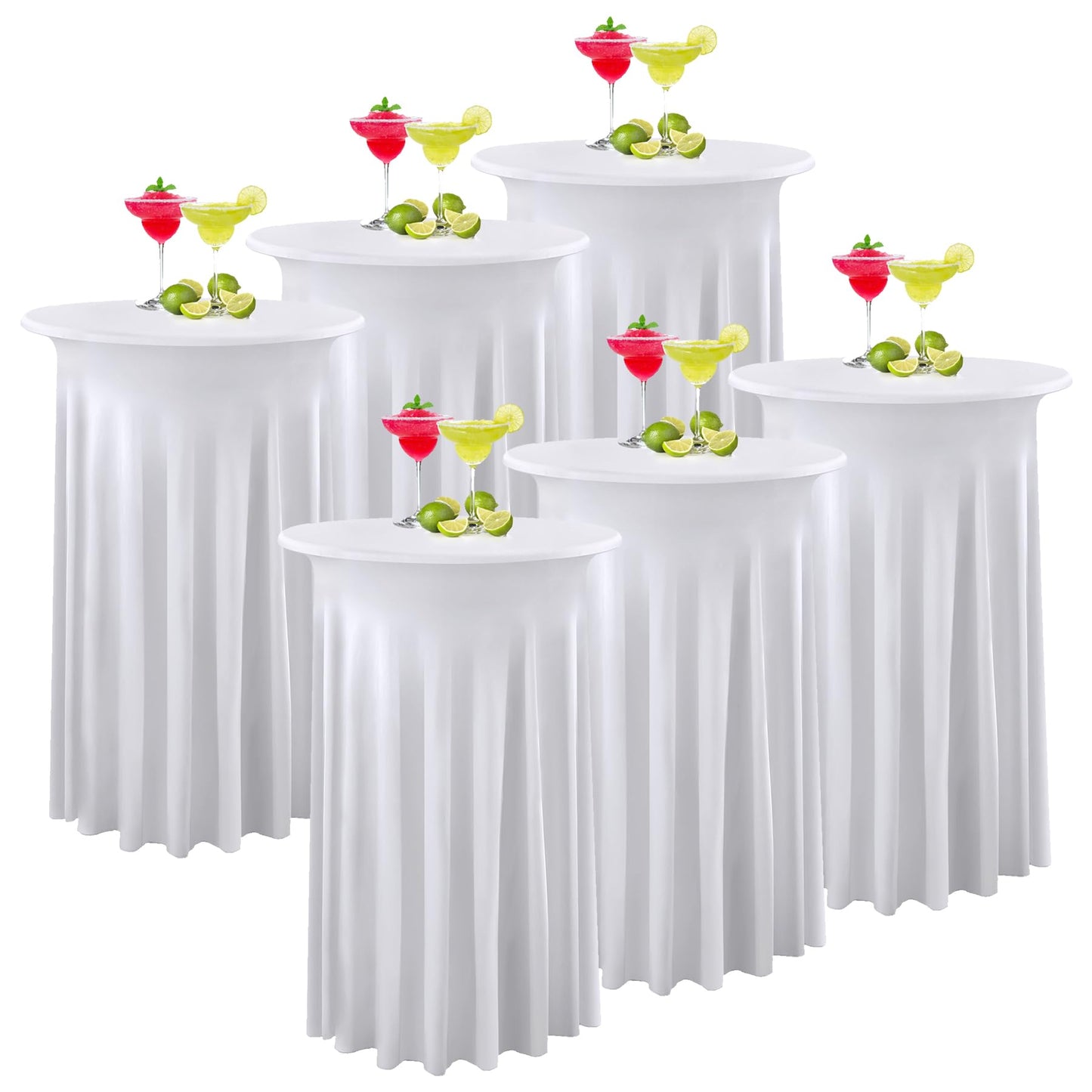 6 Pack 32×43 Inch White Spandex Coctail Table Cloth,Wrinkle Free Stretch Cocktail Table Covers with Wavy Skirt, High Top Highboy Bar Round Cocktail Tablecloths for Party Birthday Wedding Banquet