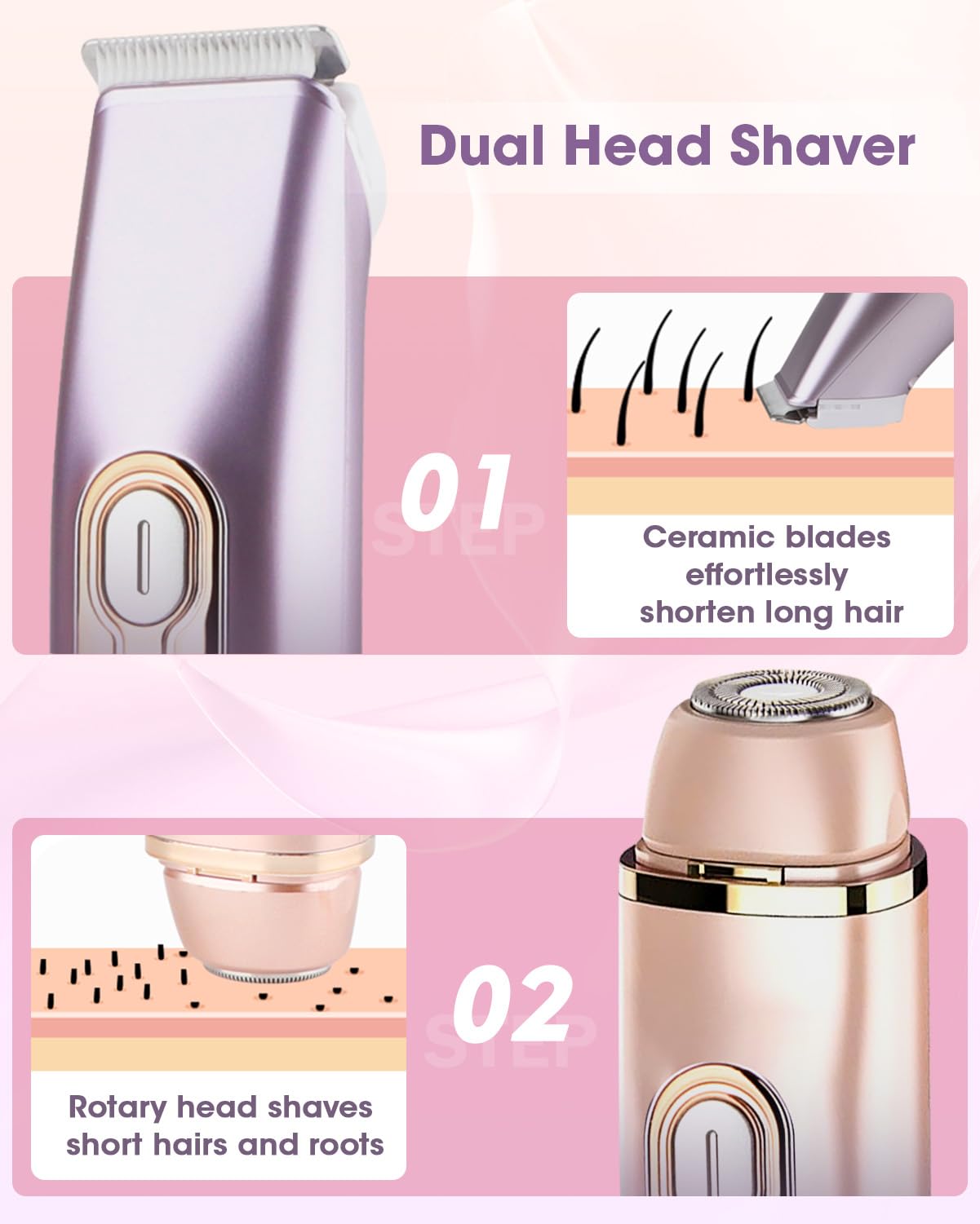 Bikini Trimmer Women, 2 in 1 Women's Electric Shaver, Dual Head Shaver, Electric Razor for Women Pubic Hair/Legs/Arms/Armpit/Face (Dazzling Purple)