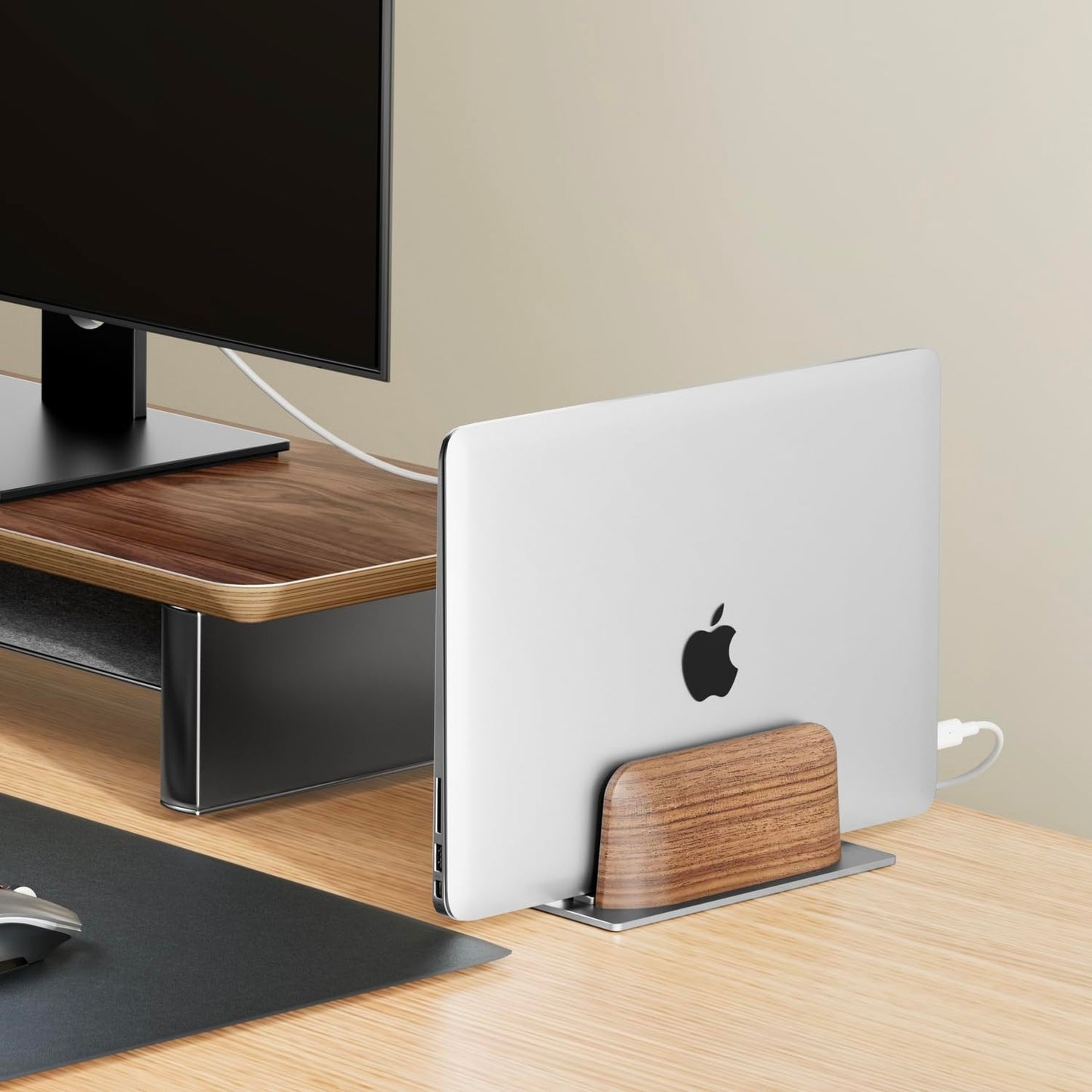 Vertical Laptop Stand for Desk, Black Walnut Wood and Aluminium Laptop Holder for All MacBook, Surface, Samsung, HP, Dell, ‌Chromebook