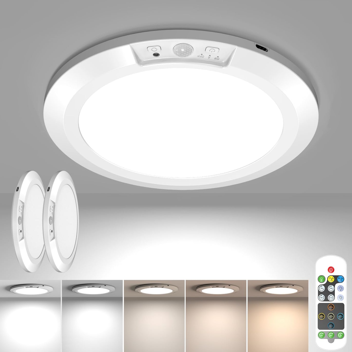 2 Pack USB Rechargeable Motion Sensor Ceiling Light with Remote, Battery Powered Magnetic Pantry Light 5 Color Temperatures Dimmable Timing Motion Activated Stairs Light for Closet Shower Porch Garage