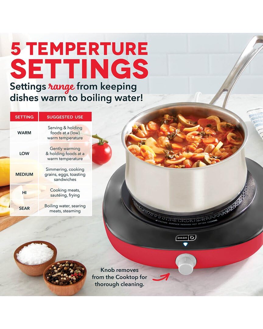 DASH Everyday Electric Cooktop with Infrared Heating, 5 Temperature Settings with Cord Storage, Perfect for RVs, Camping, Dorms, and Small Living Spaces - Red