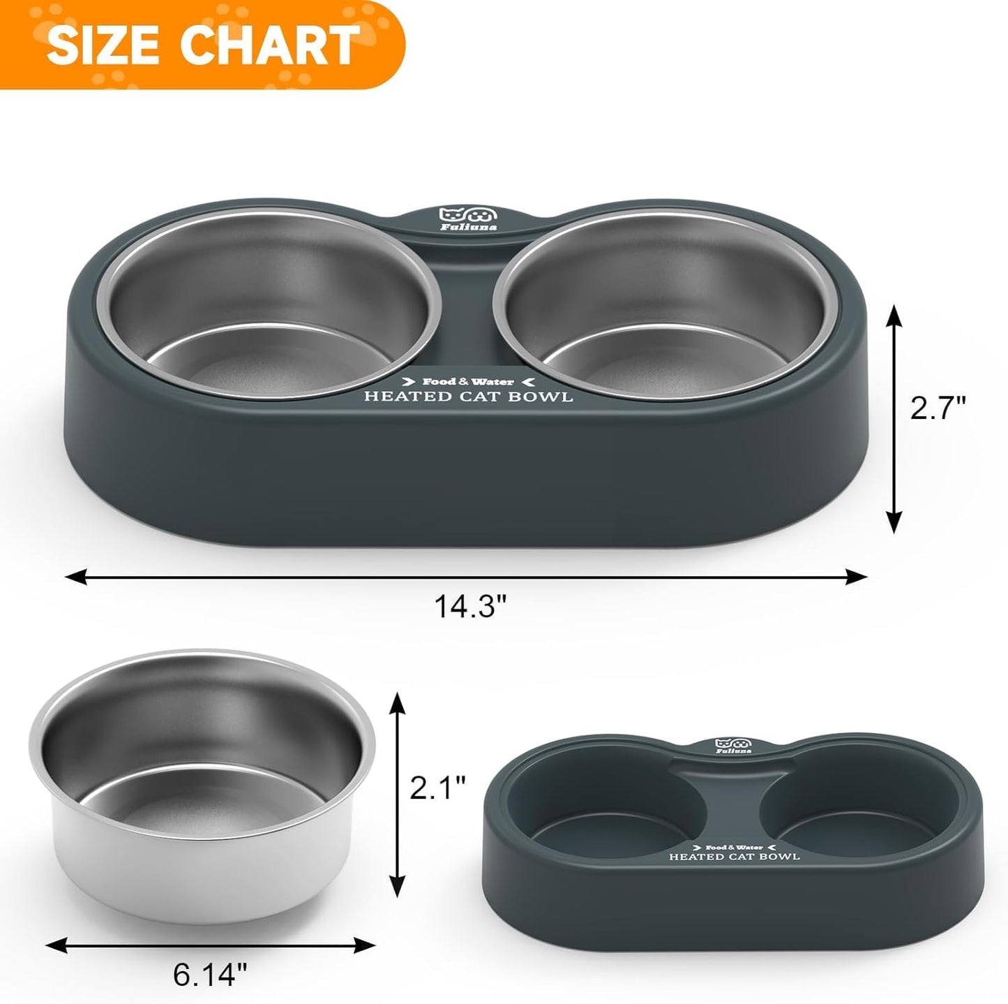 Fuliuna Heated Cat Bowl, Outdoor Heated Pet Bowl with Double Stainless Steel Bowl 24 OZ, Water Food Bowl for Cat Pet, Thermal Pet Bowl Provide Drinkable Water and Hot Food in Winter