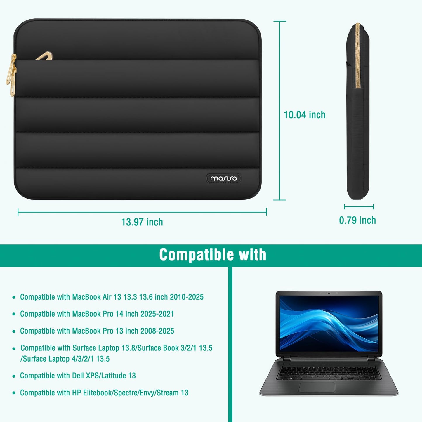 MOSISO Laptop Case 13.3 inch, 13-13.3 inch Puffy Laptop Sleeve Compatible with MacBook Air 13.6 M5 M4 M3 M2 M1/Neo/Pro 13/14, HP Dell ASUS Lenovo,Polyester Horizontal Bag with Small Case, Black