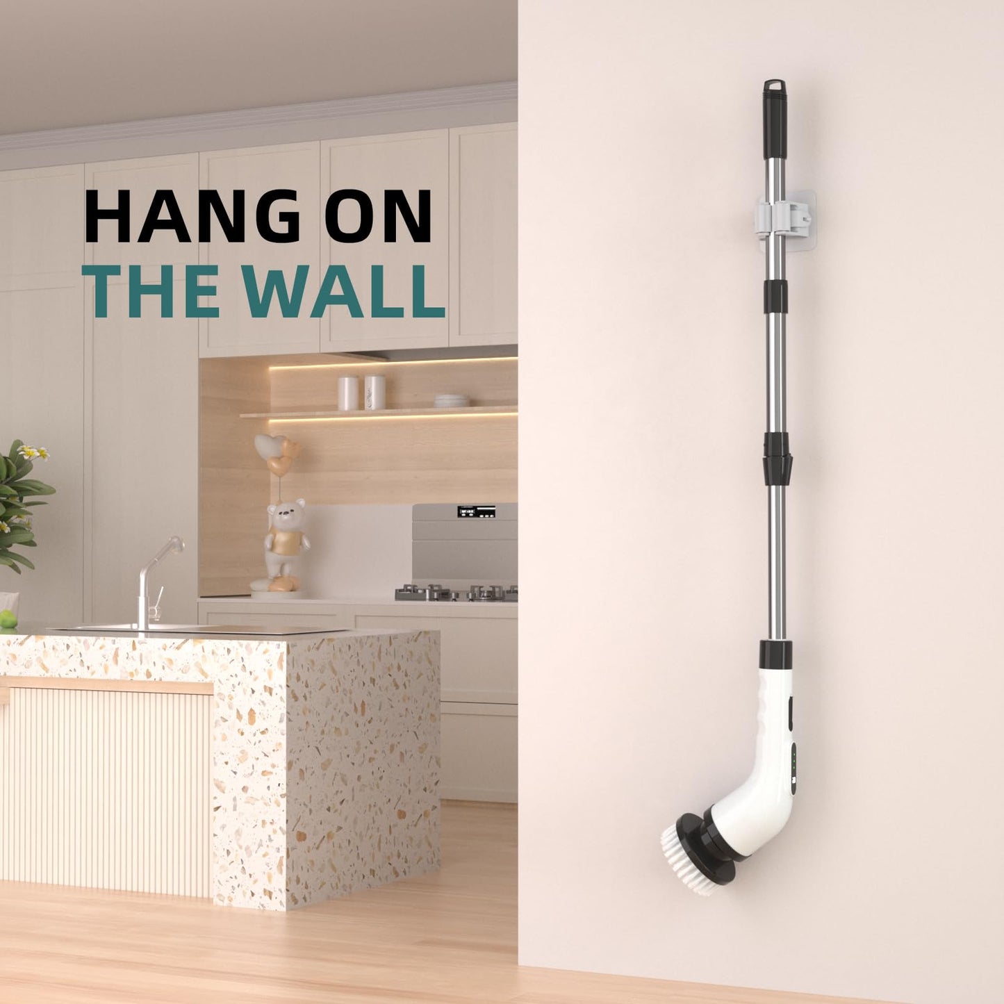 Electric Spin Scrubber for Cleaning, 9 in 1 Changeable Bathroom Scrubber with Power Display, Long Cordless Cleaning Brush, Cordless Shower Cleaner Brush for Bathtub Kitchen Wall Cleaning (Black&white)