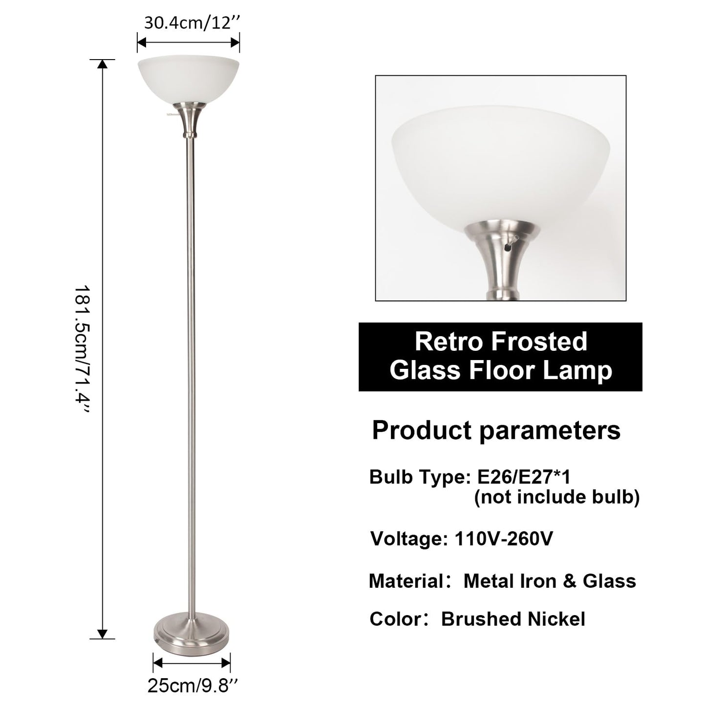 Floor Lamp Frosted White Glass Bowl Shade for Room Decor - Bedroom Decor - Brushed Nickel