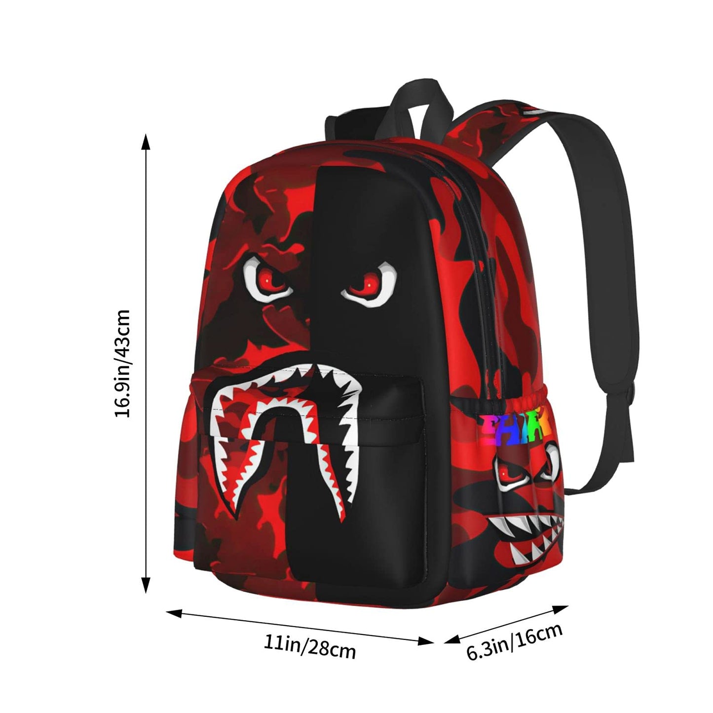 Vkaxopt Backpack Shark Teeth Camo Backpacks Travel Laptop Daypack Big Capacity Bookbag Fashion Durable for Men and Women, Red Black Shark, 11 x 16.9 x 6.3 inches, Daypack Backpacks