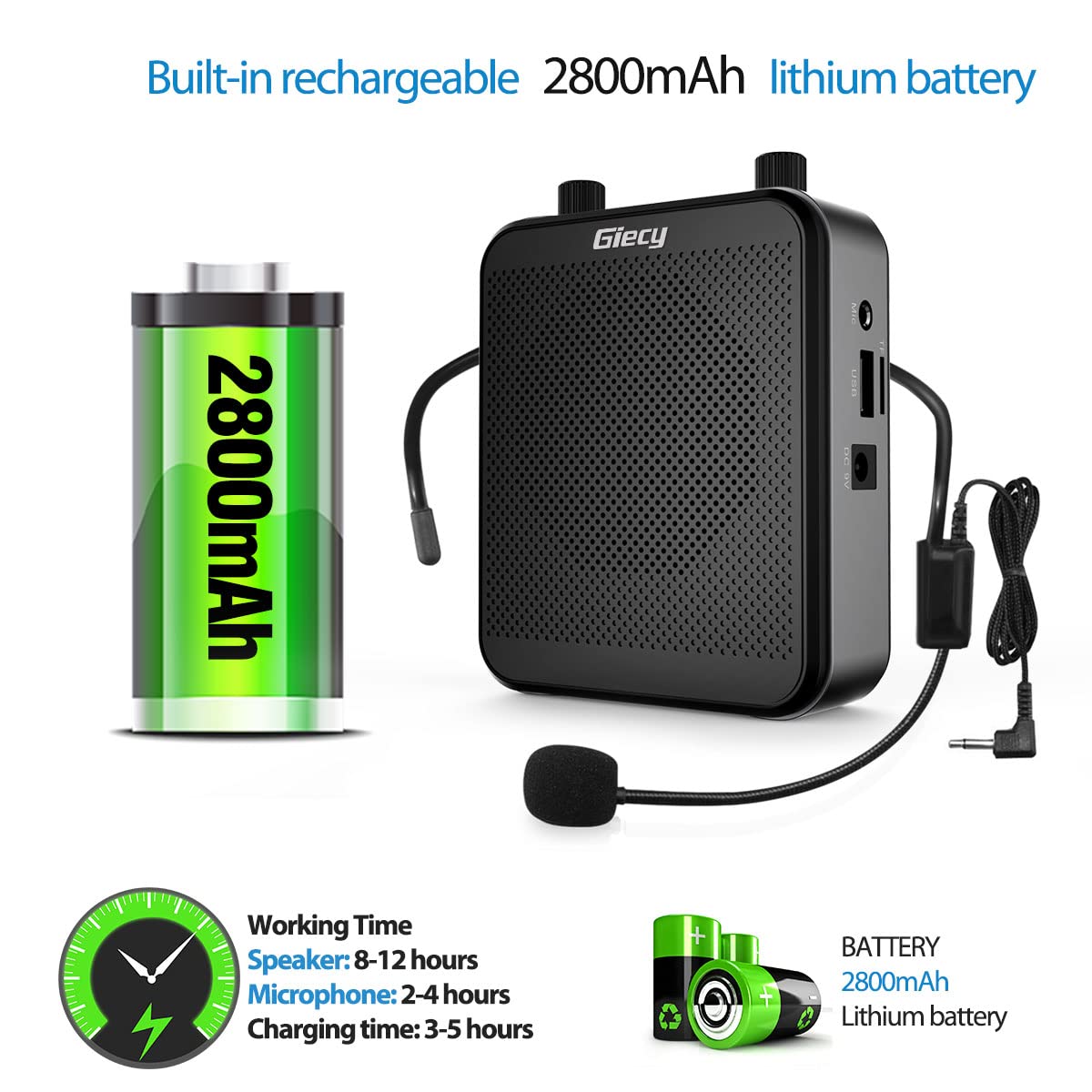 Portable Voice Amplifier, Giecy Bluetooth 30W 2800mAh Rechargeable PA System Speaker for Multiple Locations, Classroom, Meetings and Outdoors