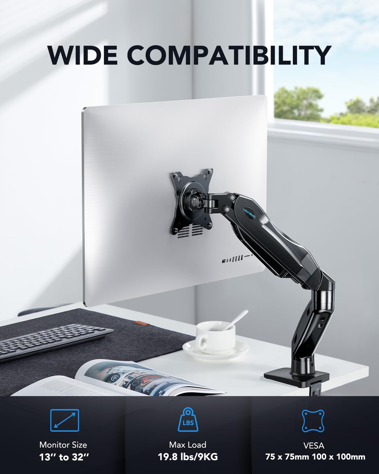 HUANUO Single Monitor Mount, 13 to 32 Inch Design Monitor Arm, Adjustable Stand, Vesa Mount with Clamp and Grommet Base - Fits 4.4 to 19.8lbs LCD Computer Monitors