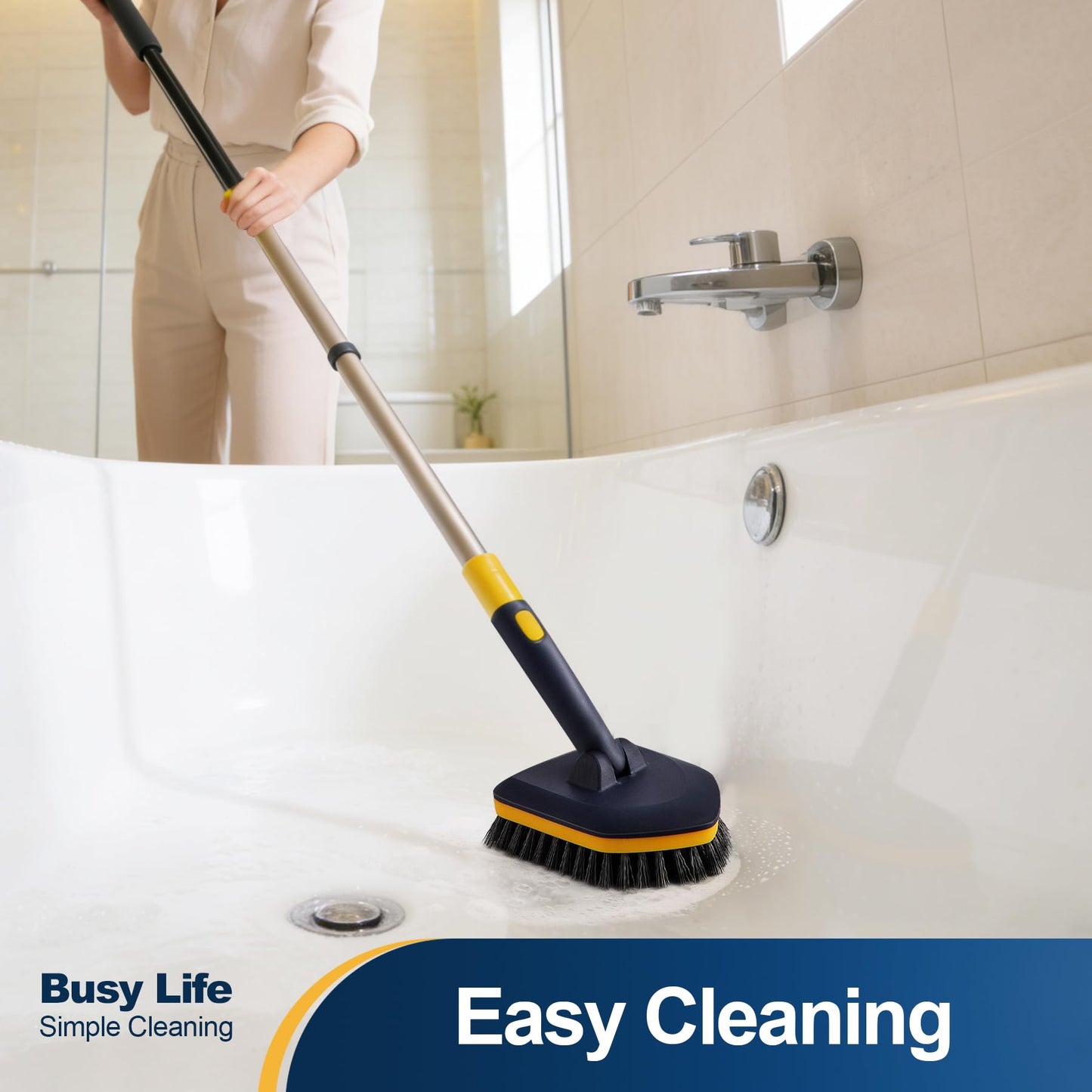 Yocada Tub Tile Scrubber Brush 2 in 1 Cleaning Brush 58.2 Inch Adjustable Telescopic Pole Stiff Bristles Scouring Pads for Cleaning Bathroom Kitchen Toilet Wall Tub Tile Sink Non Scratch