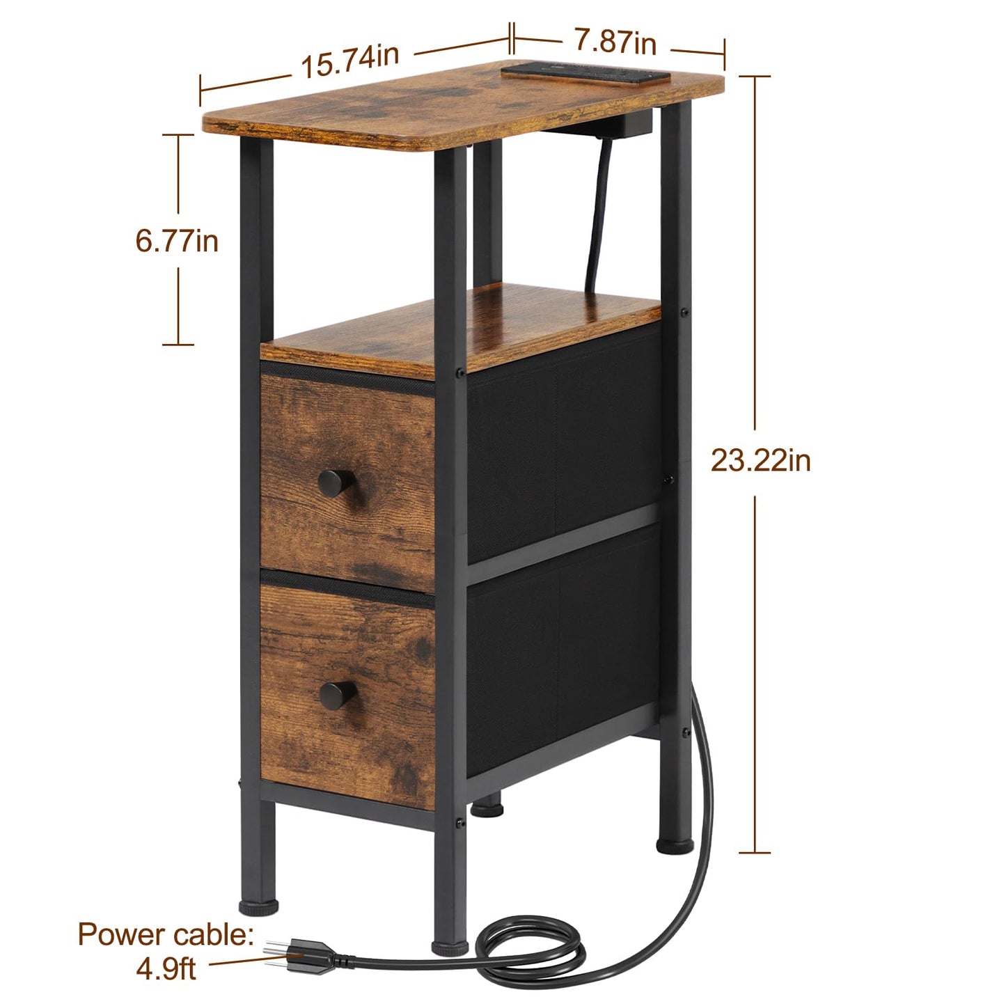 LOAKEKEL Narrow End Table Living Room with Charging Station, Skinny Side Table with Fabric Drawers, Slim Nightstand for Bedroom, Small Spaces, Couch, Brown, HETNDP02BR-1