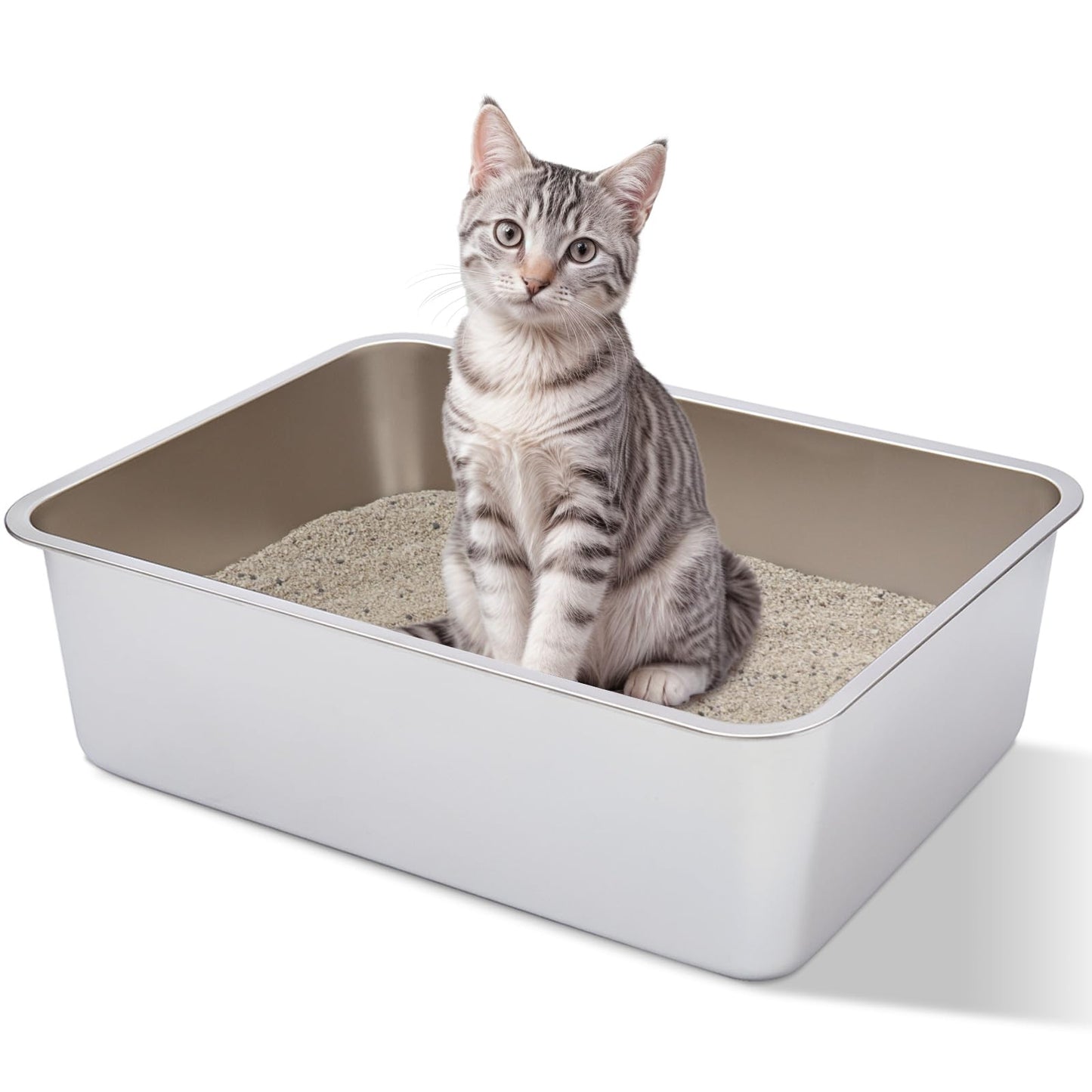 FUTAM Stainless Steel Litter Box, 17.7"x13.8"x6" Large Metal Litter Box for Kitty/Cat/Rabbits, Easy to Clean, Non Stick Litterbox No Smell for Adult Cats