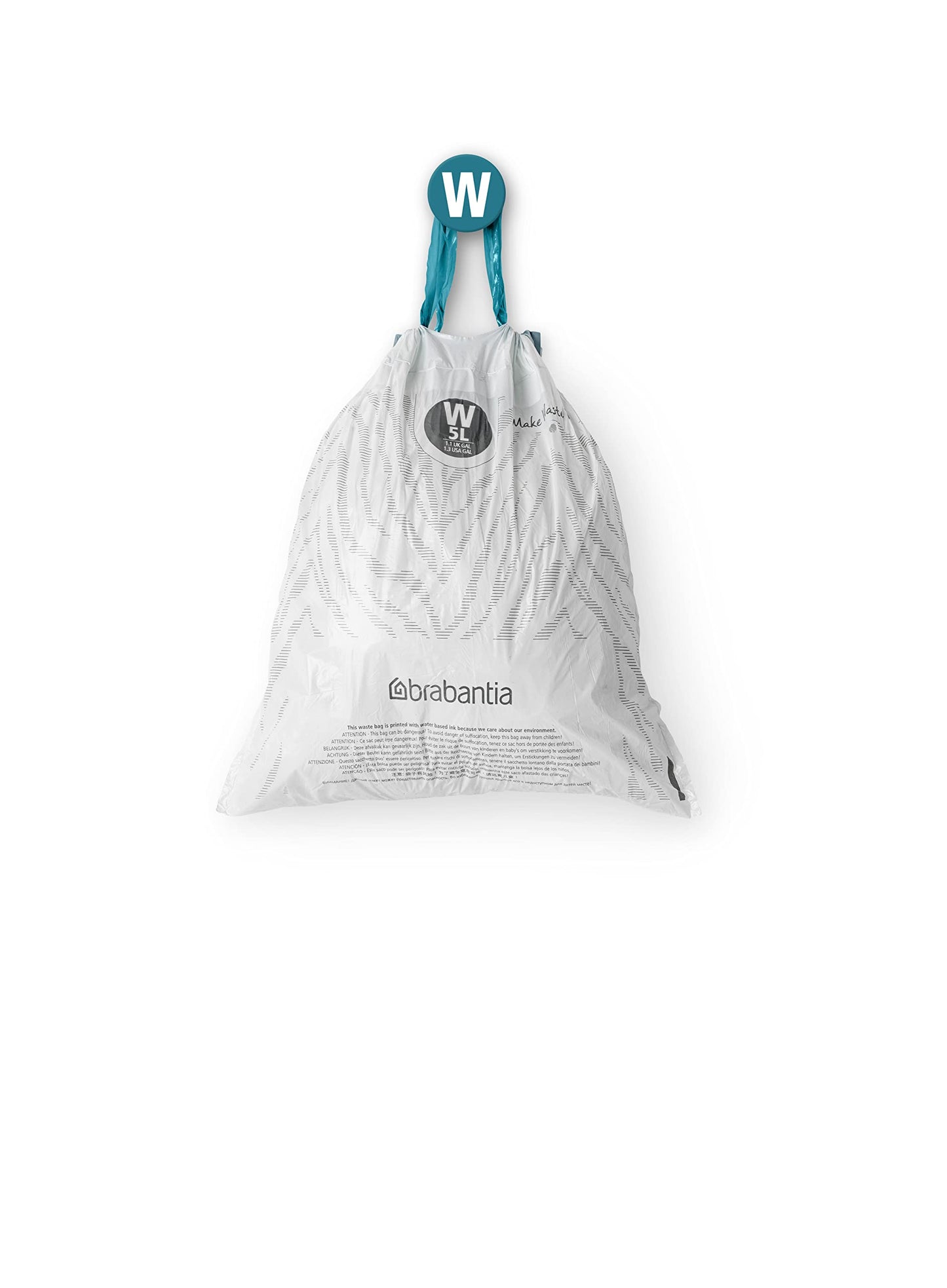 Brabantia PerfectFit Trash Bags (Size W/1.3 Gal) Thick Plastic Trash Can Liners with Drawstring Handles (200 Bags)