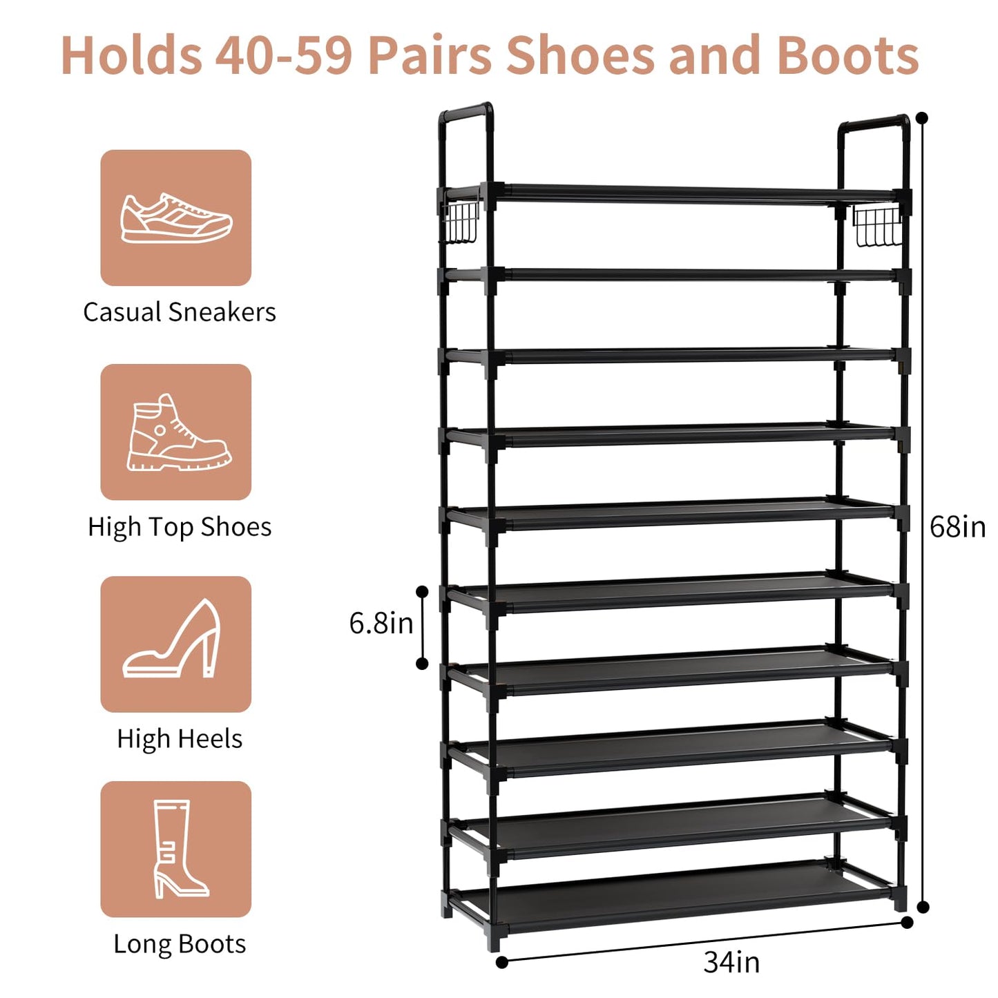 10 Tier Shoe Rack, Large Capacity Tall Shoe Storage Organizer Holds 50-55 Pairs Shoes and Boots, Vertical Shoe Shelf Cabinet with Versatile Hooks for Closet Entryway Garage Bedroom