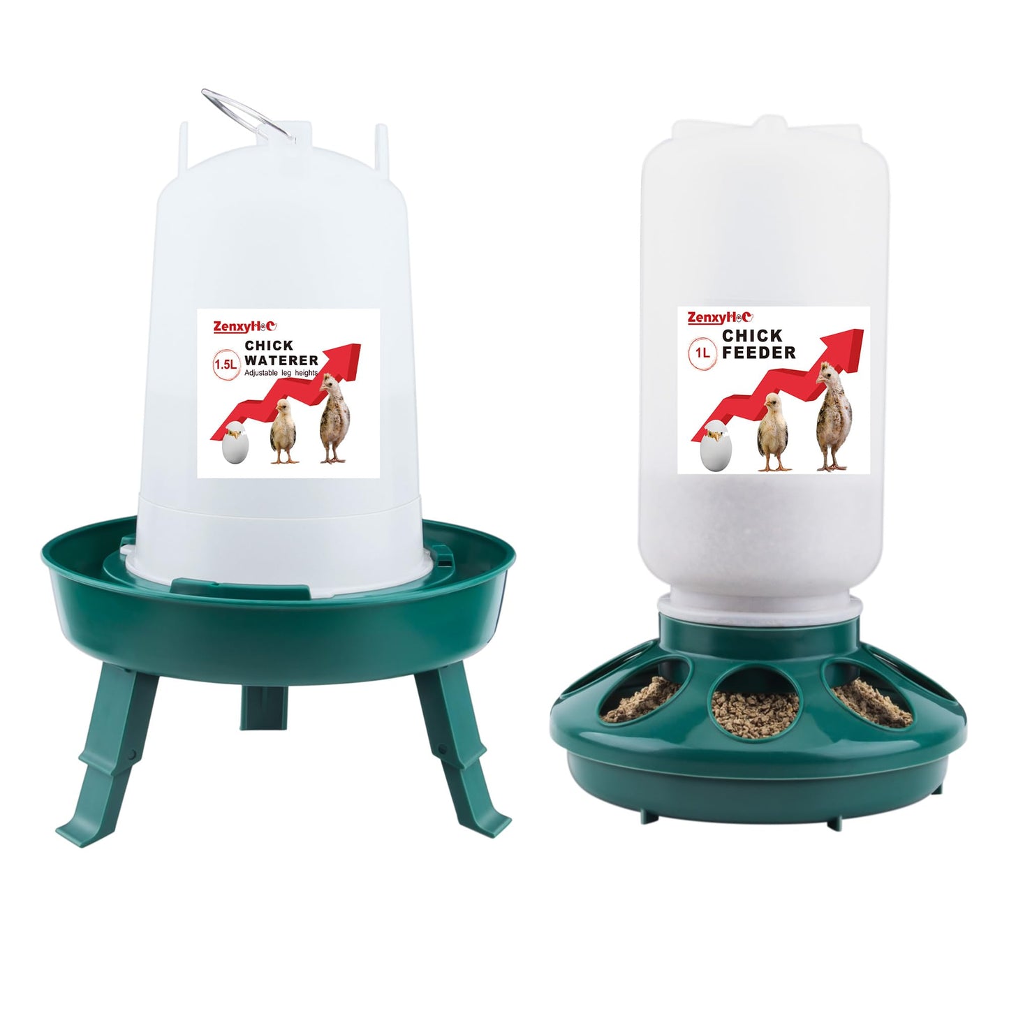 ZenxyHoC Chick Feeder and Waterer Set, 1L Feeder and 1.5L Waterer with 3 Adjustable Heights for Baby Chicken Duck Brooder