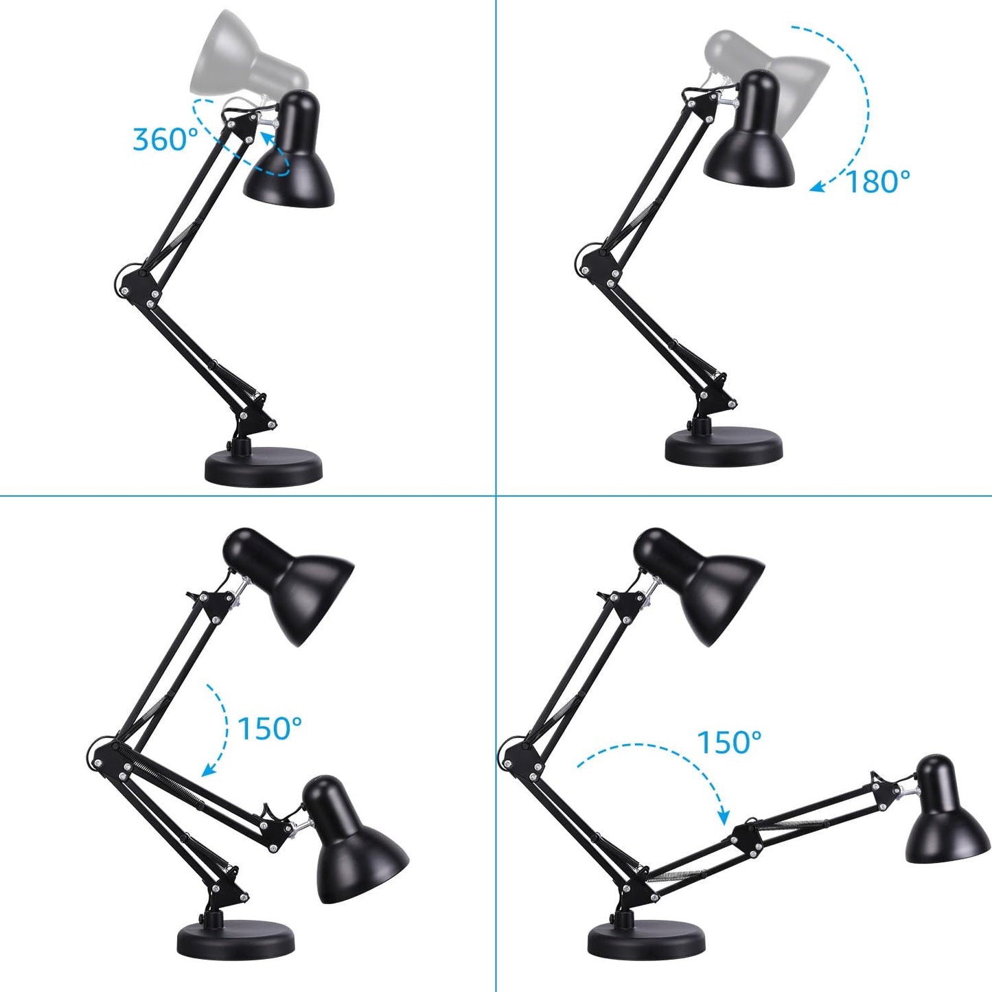 TORCHSTAR Metal Swing Arm Desk Lamp, Interchangeable Base Or Clamp, Classic Architect Clip On Table Lamp, Multi-Joint, Adjustable Arm, Black Finish (UL Plug)