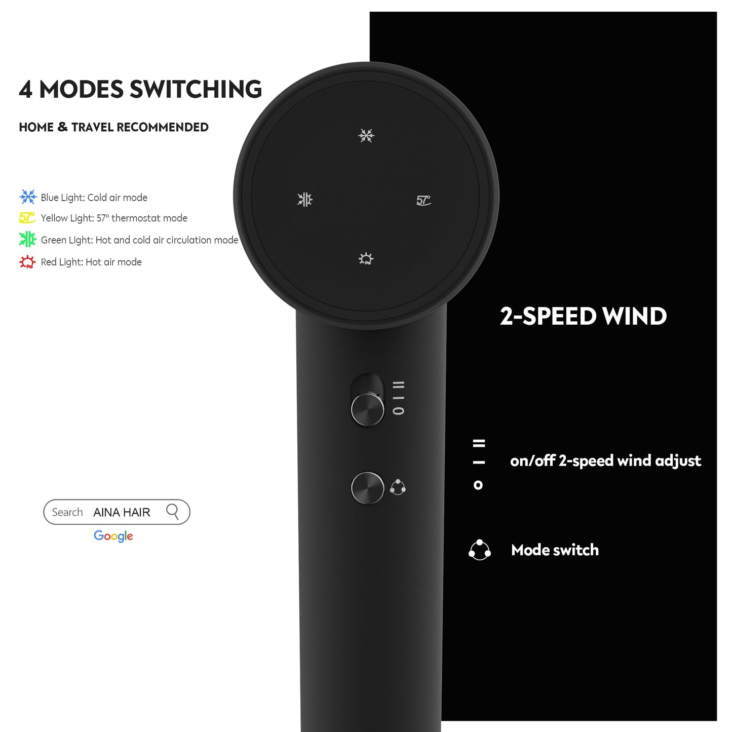 AINA Hair Dryer, BLDC Blow Dryer - Brushless Motor, 110,000 RPM Lightweight, Ionic Travel 110V/ALCI Plug(Vader Black)