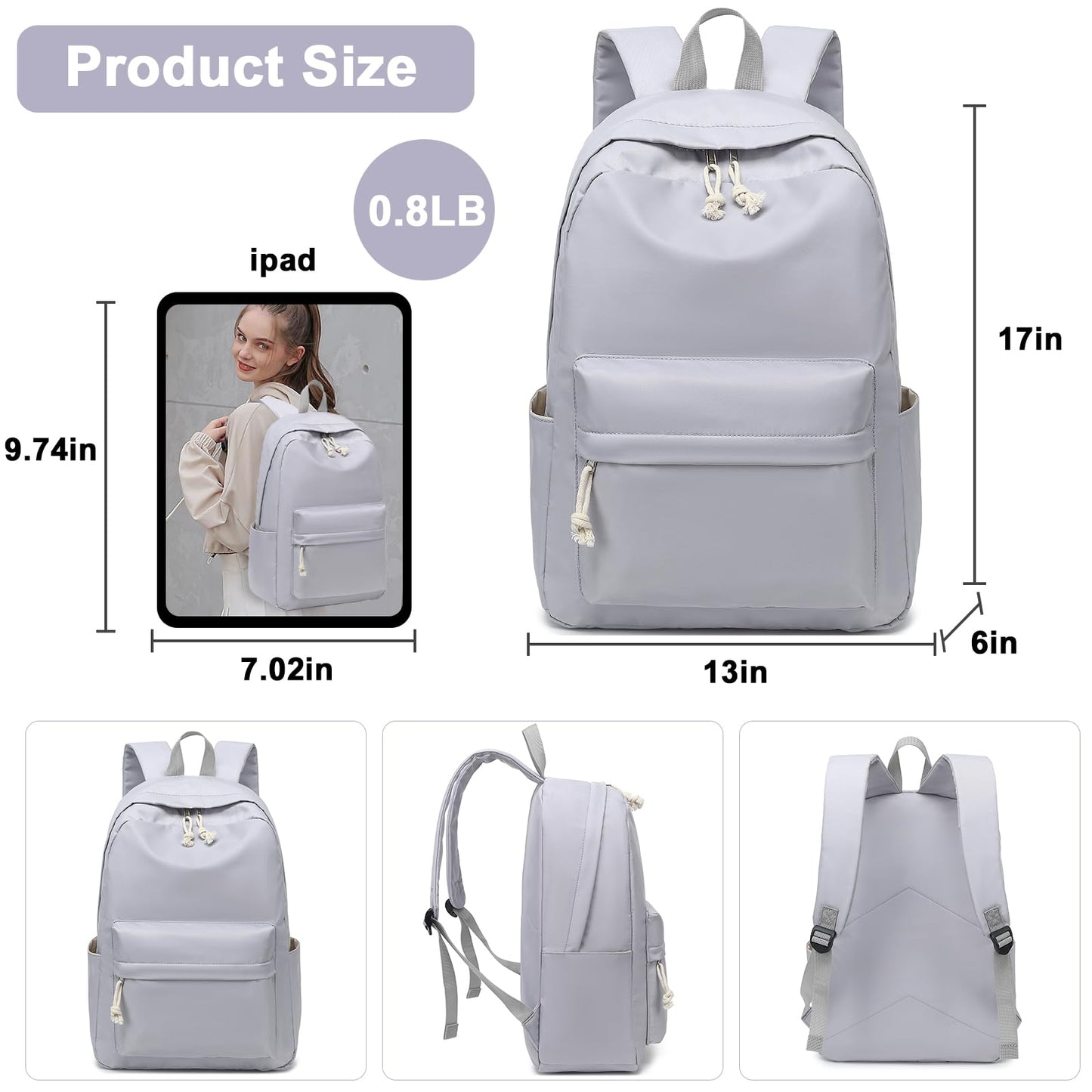 Bluboon School Backpack for Teen Girls Women Laptop Backpack College Bookbags Middle School Travel Work Commuter Back Pack, Grey, 12x17x6.5 inches