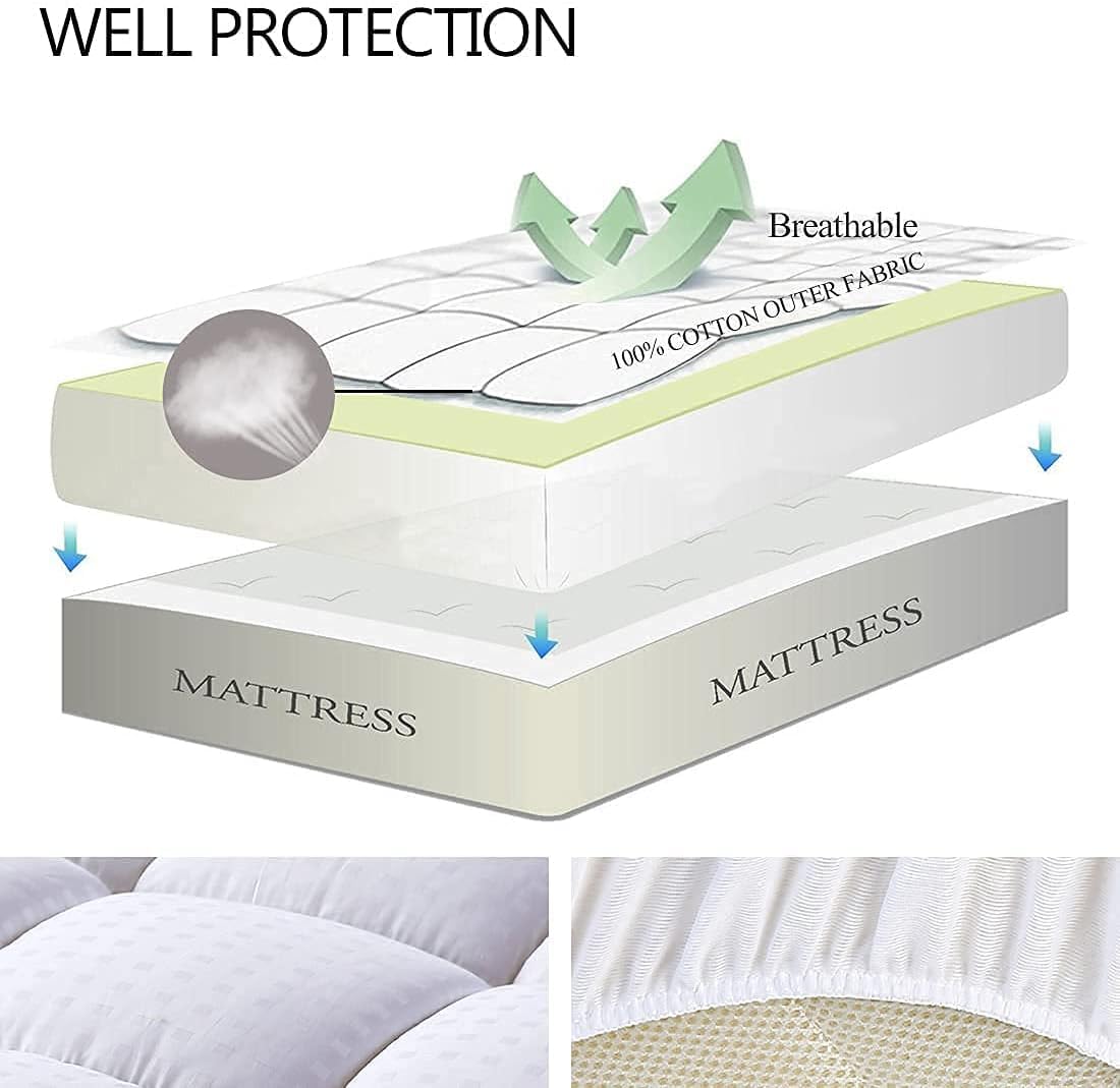 EASELAND Queen Size Cooling Mattress Pad Pillow Top Mattress Cover Quilted Fitted Mattress Protector Cotton Top Stretches up 8-21" Deep Pocket Mattress Topper (60x80 inch, White)
