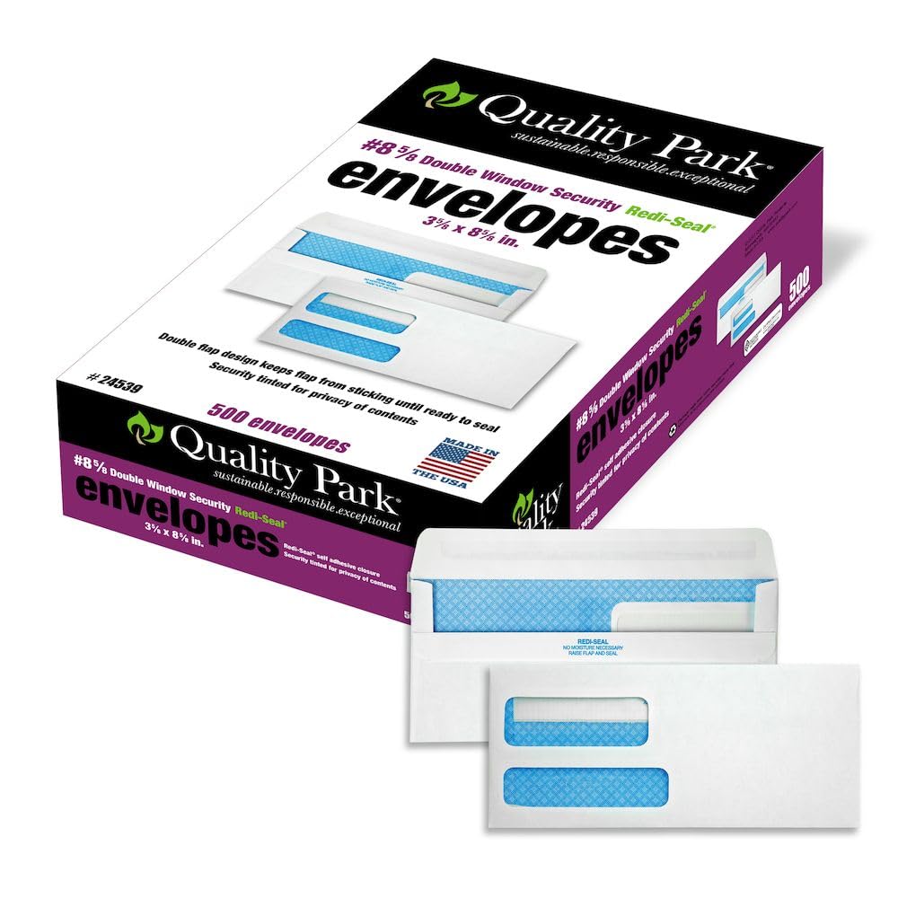Quality Park Envelopes, No.8 Double Window, Redi-Seal, Security Tinted, Check Size 3-5/8" x 8-5/8", 24 lb. White Wove, Box of 500 (24539)