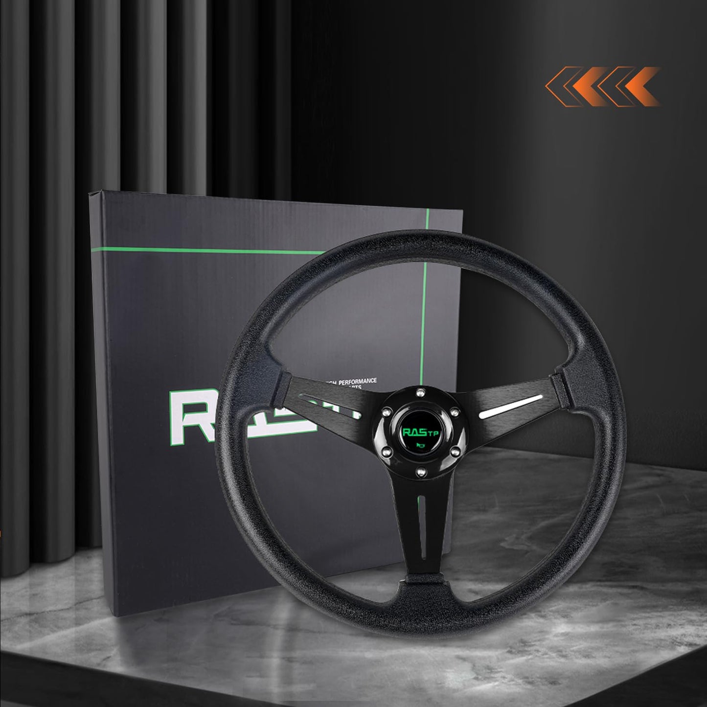 RASTP Universal Racing Steering Wheel 13.8”/350mm 6 Bolts Grip Vinyl Leather & Aluminum with Horn Button for Car -Black
