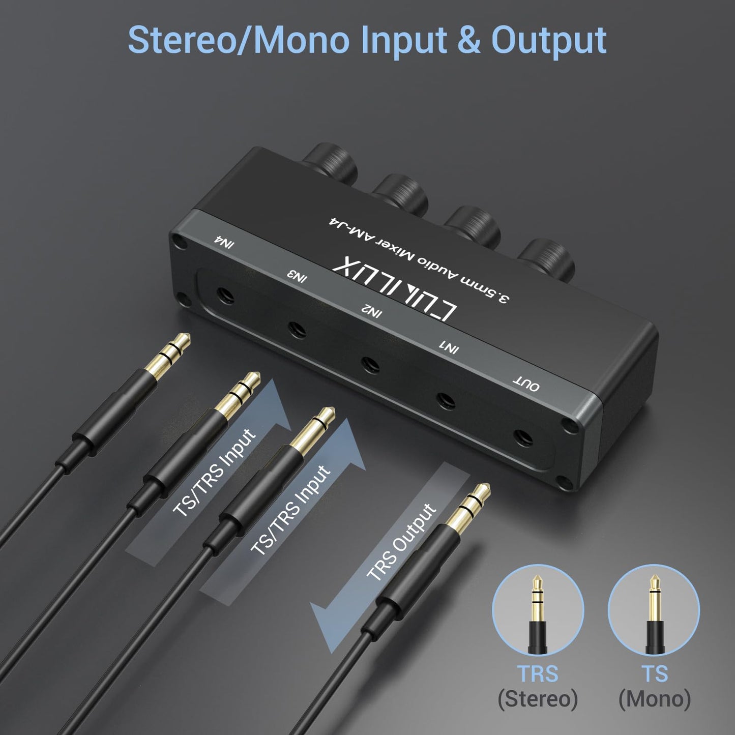 Cubilux 4-Channel 3.5mm Audio Mixer, Ultra-Low-Noise Mini Audio Mixer for Sub-Mixing, 1/8” 4 Channel Audio Switcher DC 5V, Suitable for Smartphone Audio System, Guitars, Bass, Keyboards