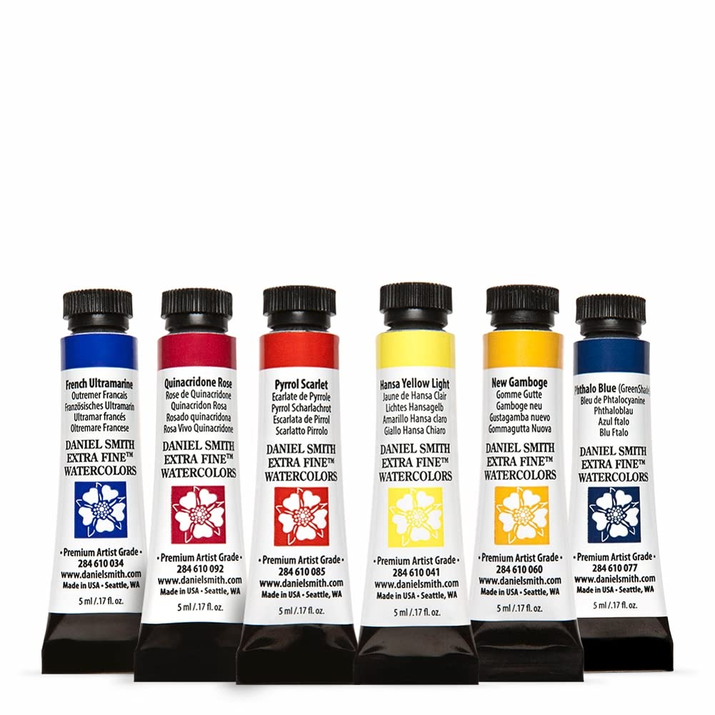 DANIEL SMITH 285610005 Extra Fine Essentials Introductory Watercolor, 6 Tubes, 5ml, Blue/Transparent/Yellow