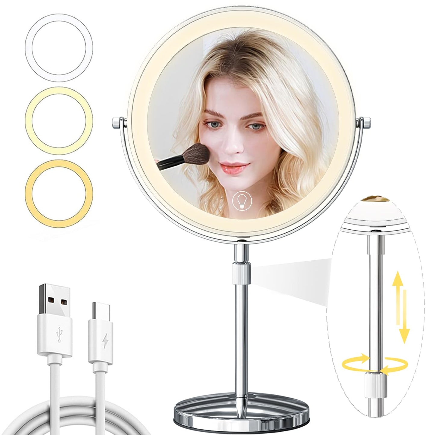 9in Vanity Mirror with Lights, Rechargeable 5000mAh Lighted Makeup Mirror, 1X/20X Double Sided Magnifying Mirror, 360° Rotate, 3 Color Lights, Brightness Adjustable with 60 LEDs,Up to 3800lux, Silvery