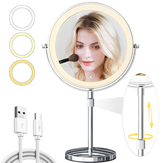 9in Vanity Mirror with Lights, Rechargeable 5000mAh Lighted Makeup Mirror, 1X/20X Double Sided Magnifying Mirror, 360° Rotate, 3 Color Lights, Brightness Adjustable with 60 LEDs,Up to 3800lux, Silvery