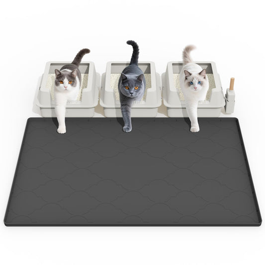 Cat Litter Box Mat, 38" X 26" Large Silicone Cat Litter Trapping Mat, Easy Clean for Scatter Control, Soft on Kitty Paws, Waterproof, Urine-Proof, Non-Slip Kitty Litter Mat for Floor, Black