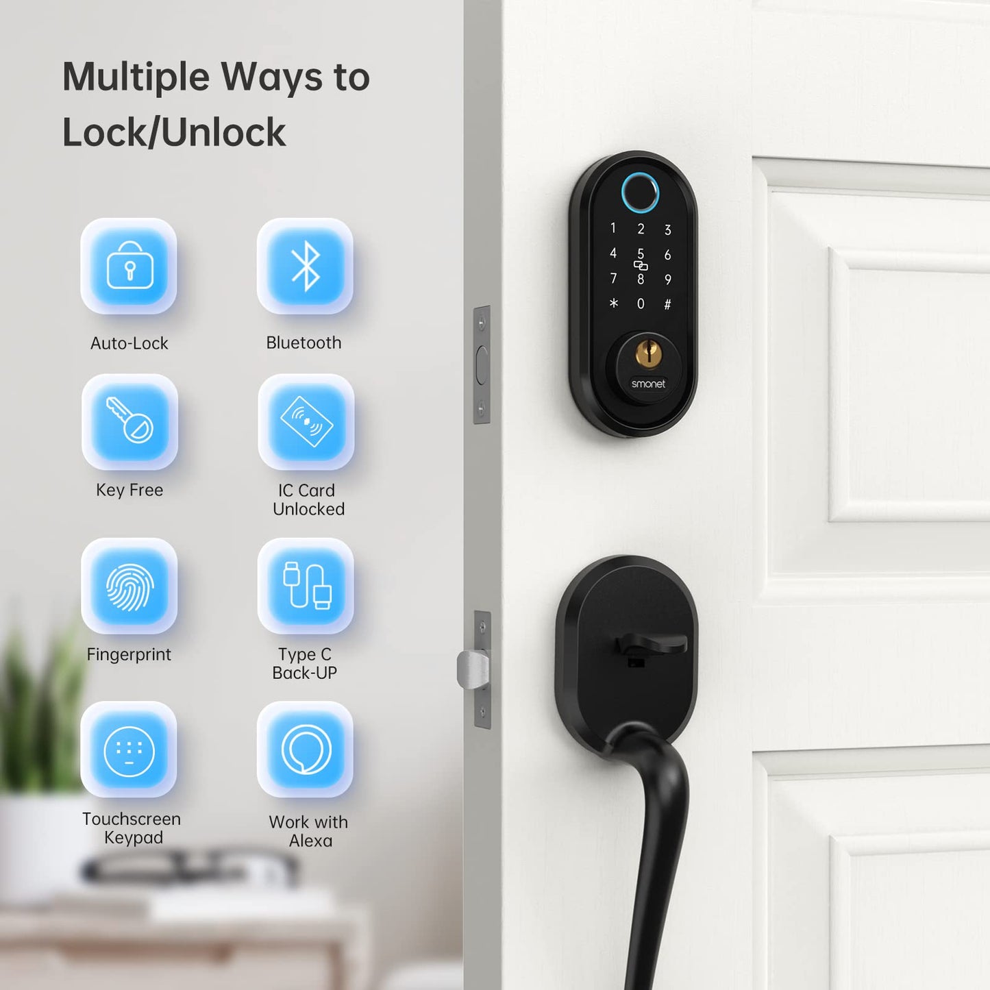 SMONET Smart Front Door Lock: Keyless Entry Door Lock for Front Door, Electronic Bluetooth Deadbolt with Biometric Fingerprint, Keys, Fobs, Auto Lock, Smart Phone Control for Home,Apartment