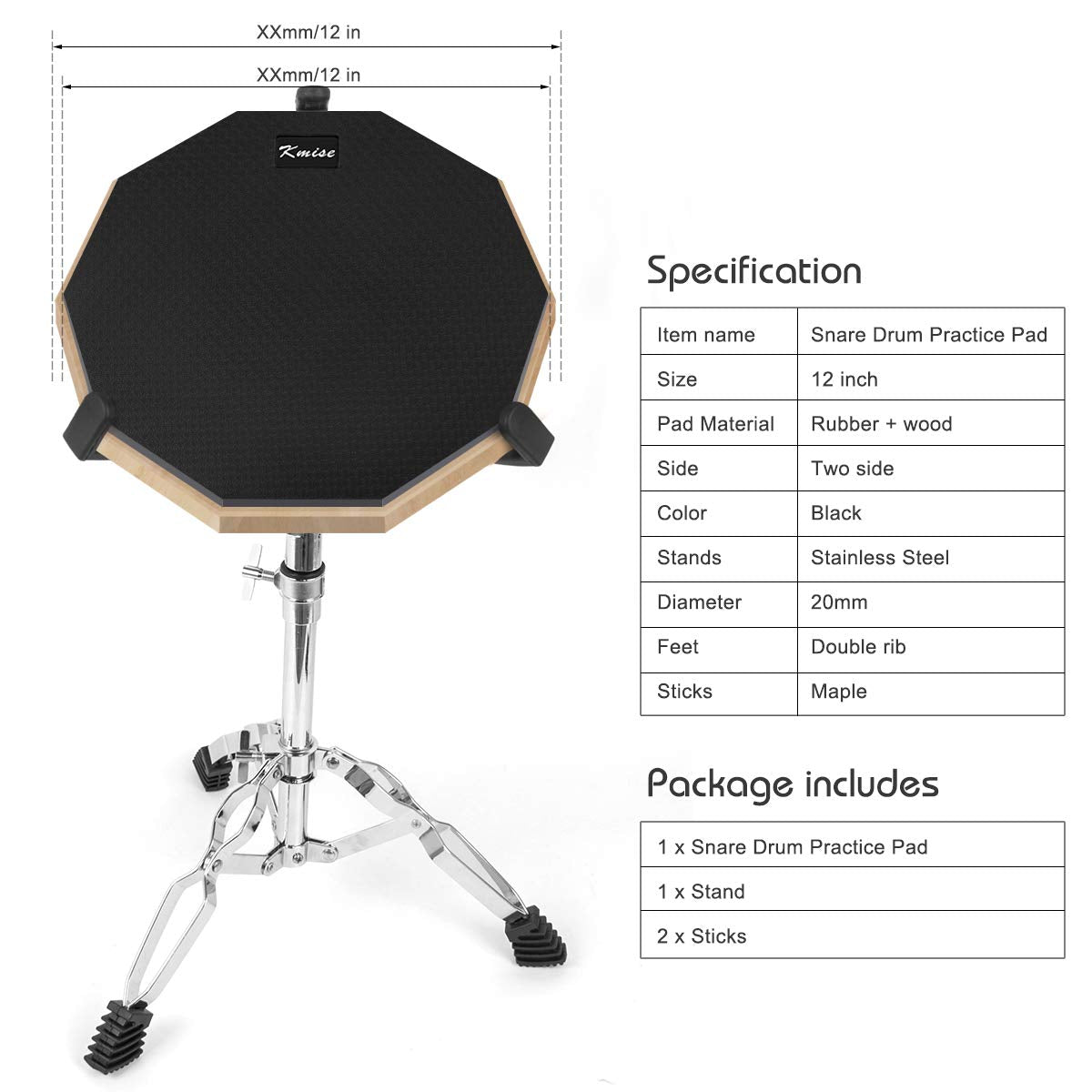Kmise Drum Practice Pad Kit with Snare Drum Stand and Drumsticks 12 Inch Mute Silent Drum Practice Training Pad Set