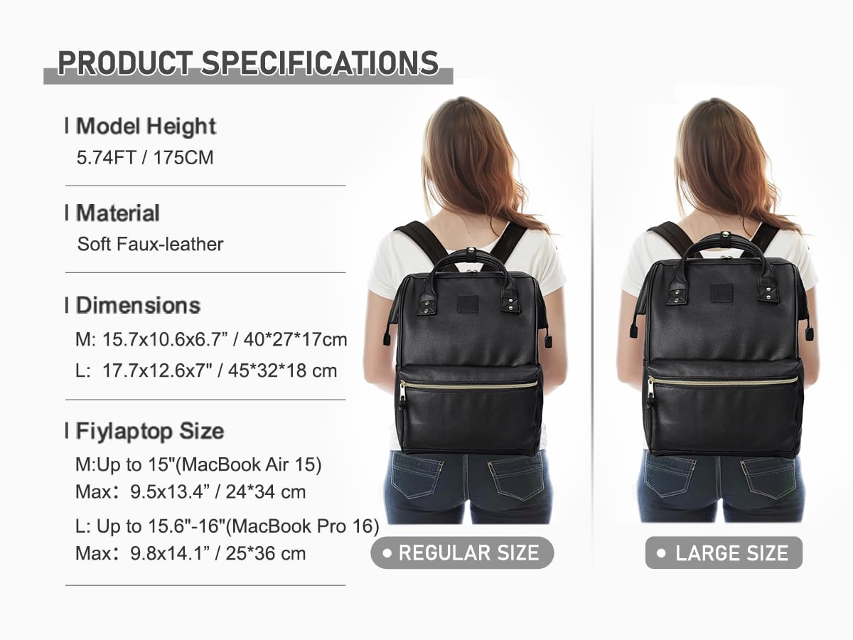 Kah&Kee Leather Laptop Backpack for Women, 15.6-16 Inch Professional Work Bag, Water-Resistant Vegan Leather Doctor Bag Backpack for Teacher, Nurse & Travel, Fits MacBook Pro 16 (Black,Large)