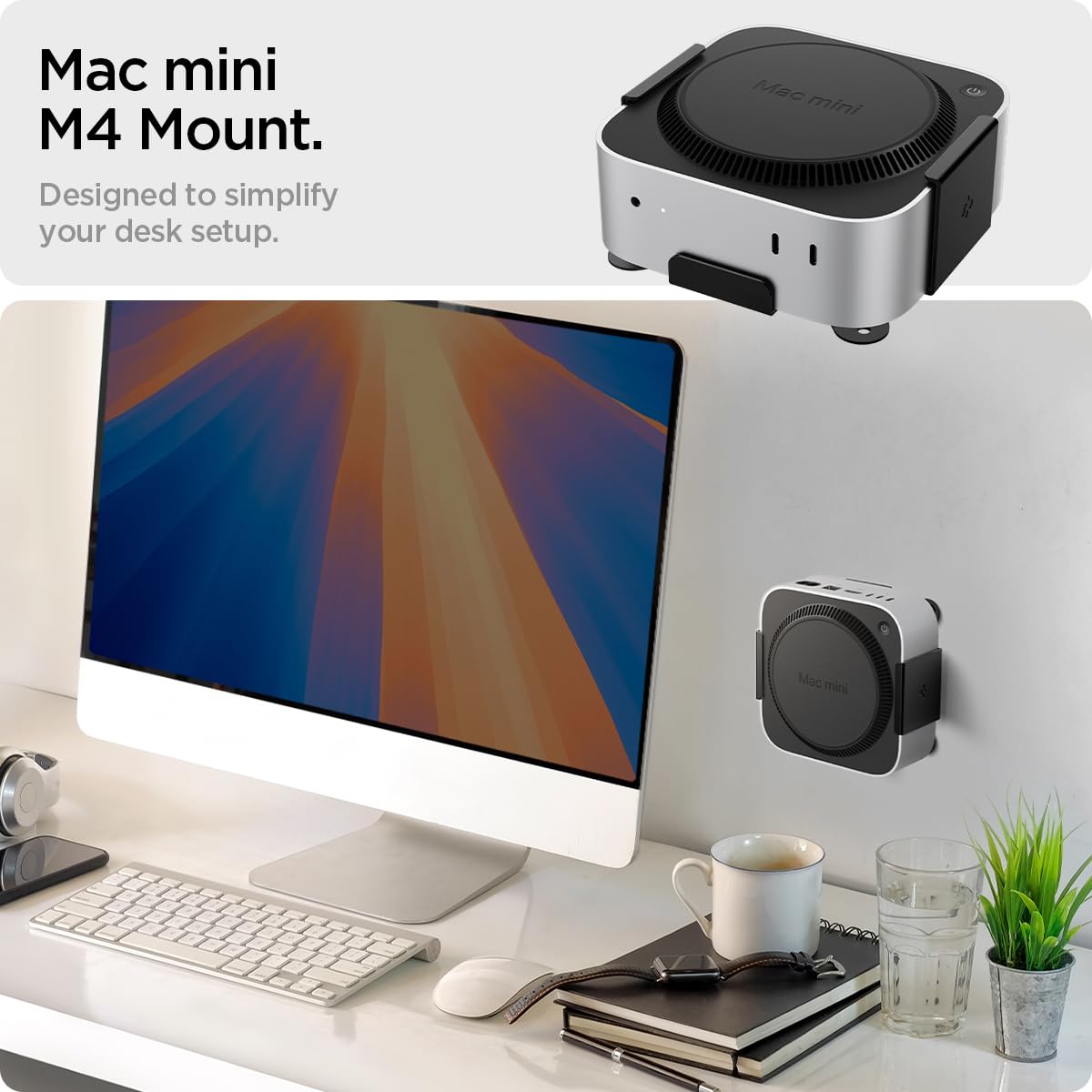 Spigen Mount Designed for Mac mini M4/M4 Pro (2024) VESA Anti-Scratch Behind Monitor, Under the Desk, Wall Stand VESA Hole Strong Adhesive LD205 - Black