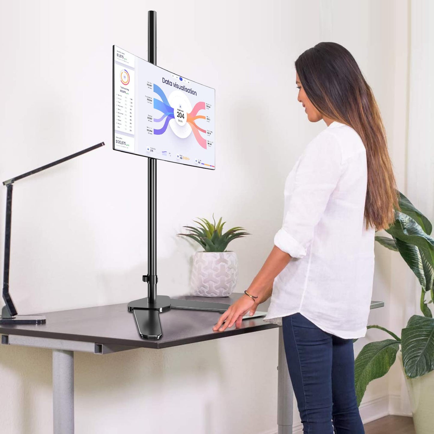 Pholiten Extra Tall Monitor Stand with 47inch Pole，Floor Monitor Stand, Free-Standing Monitor Desk Mount Support 13 to 27 inch Screen,20lbs,Heavy-Duty Fully Adjustable Arms with Max VESA 100x100mm