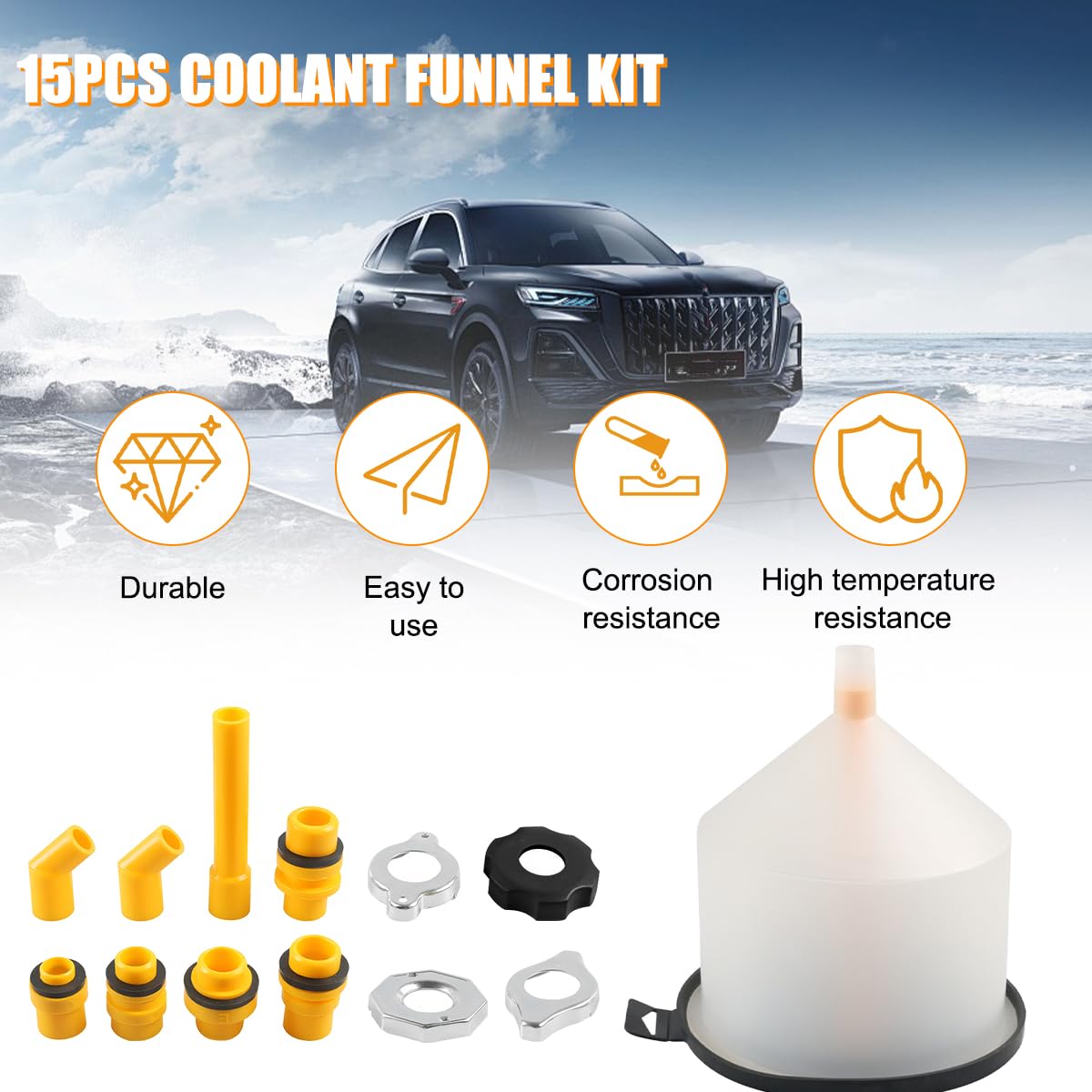 XINLIYA No-Spill Car Coolant Funnel Kit, 15PCS Vehicle Radiator Cooling System Funnel Burping Set, Automotive Coolant Fill Bleeder Accessories, Universal for SUV Sedan Truck