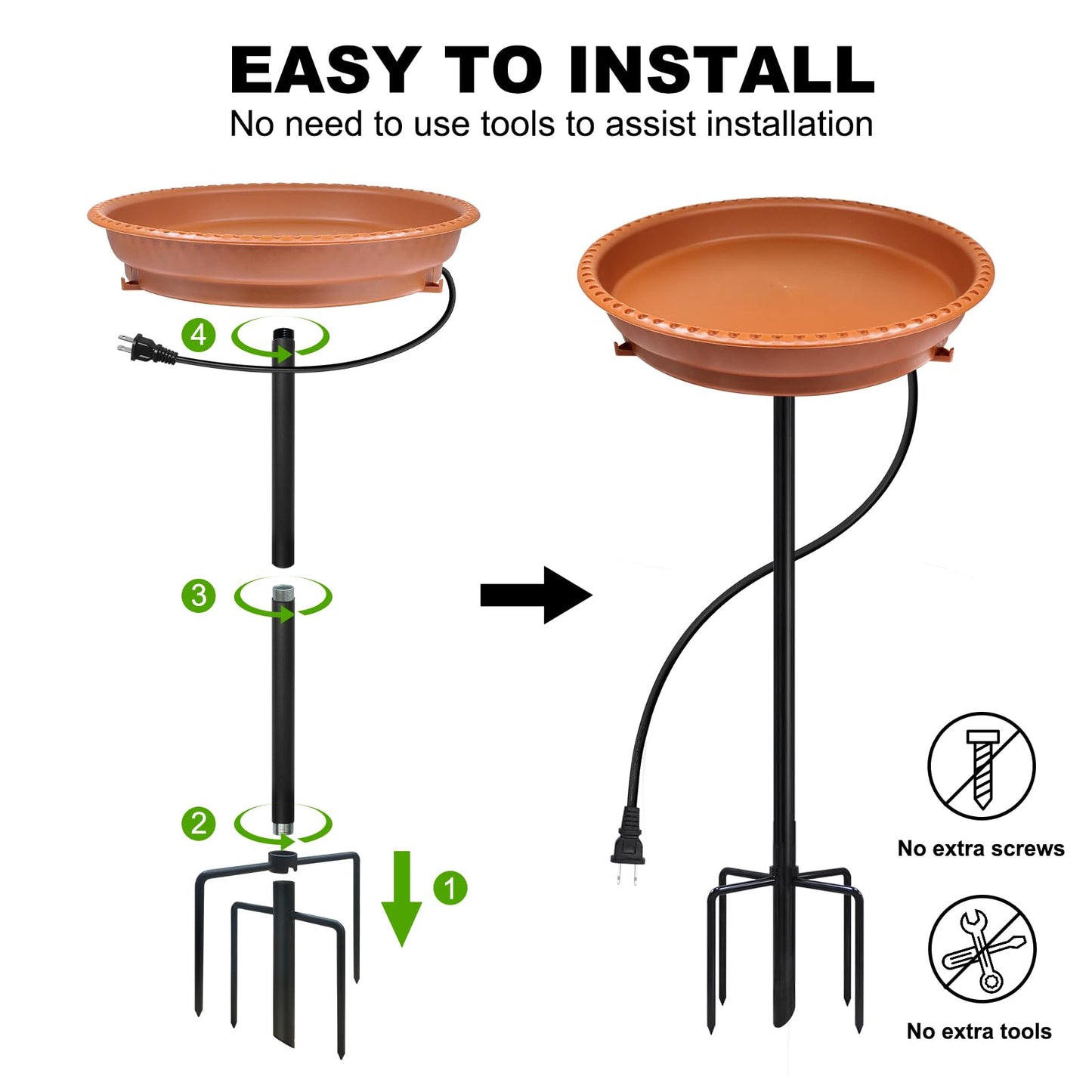 BIRD WISH Heated Bird Bath, Stable 5-Prong Metal Base Thermostat Control Weather Resistance All Seasons Available 75W Heated Bird Baths for Outdoors for Winter Garden Yard Patio Lawn, Terracotta