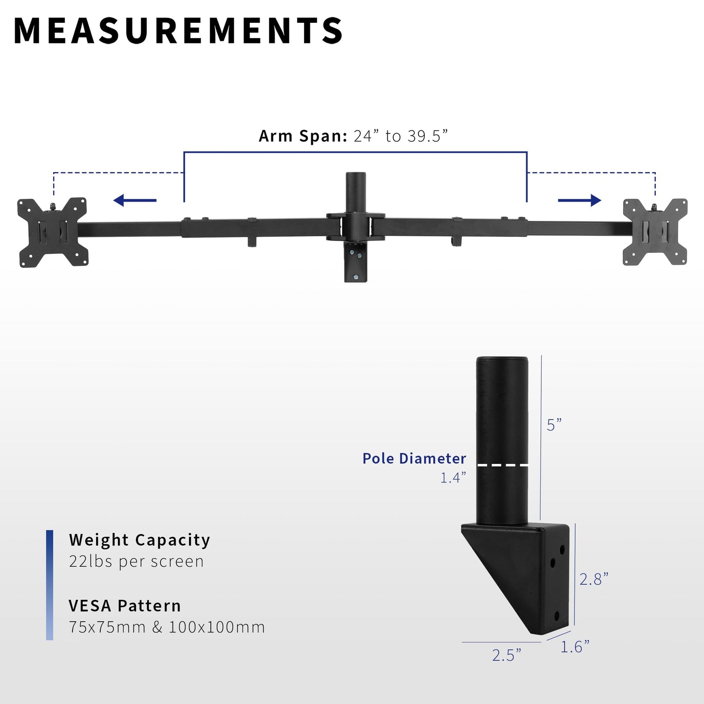 VIVO Premium Dual Ultra Wide LCD LED 27 to 38 inch Monitor Wall Mount, Heavy Duty, Telescoping Arms, Flush Wall Setup, Fits 2 Screens, Black, MOUNT-TS38B