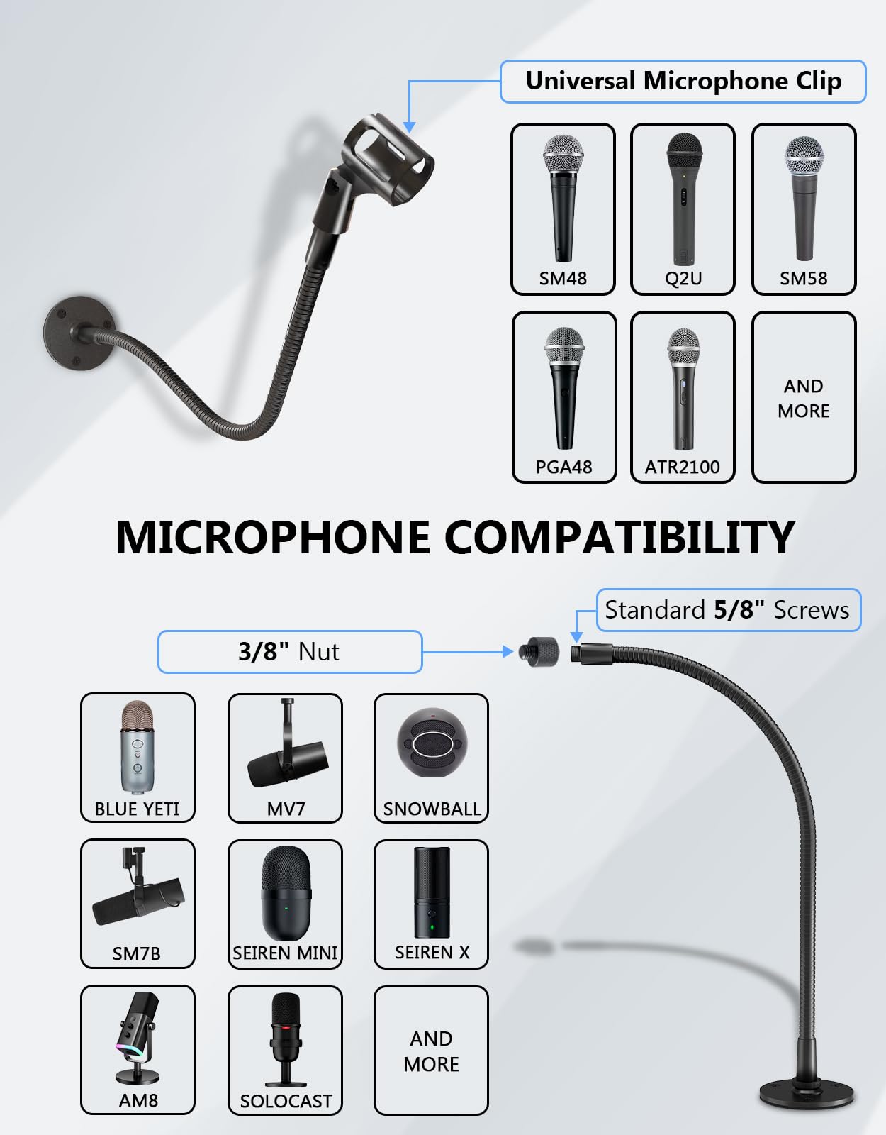 Gooseneck Mic Stand -19" Podium & Wall Microphone Holder, Heavy Duty Adjustable Desk/Wall Mount Compatible with Shure, Fifine, AT2020, Pyle, Blue Snowball, Razer for Podcast/Studio/Streaming Flexible