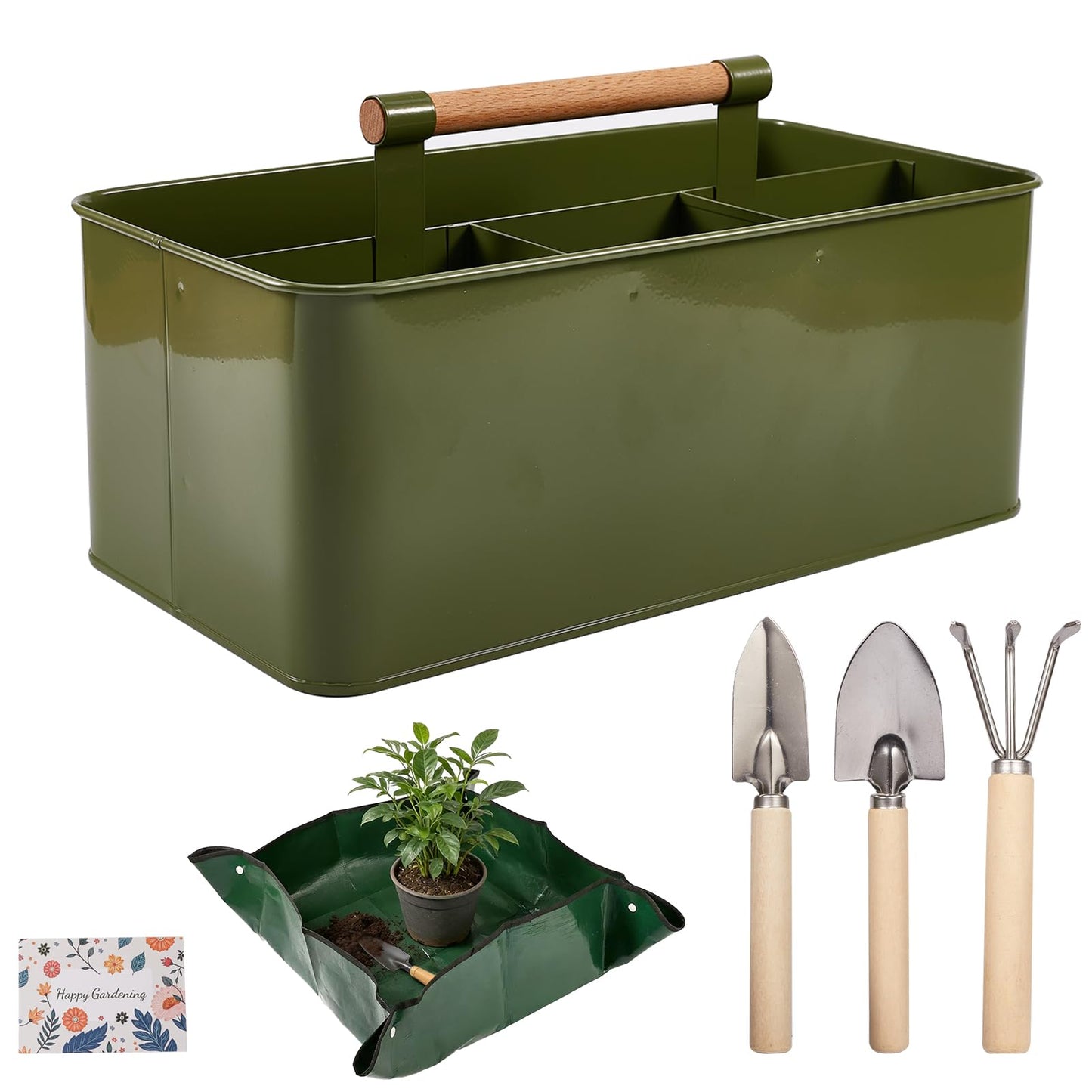 VerdantVibes Metal Garden Tool Caddy - Galvanized Organizer Basket with Wood Handle, Waterproof Repotting Mat & 3-Piece Mini Tools - Indoor Gardening Gift Set for Houseplant Lovers Women
