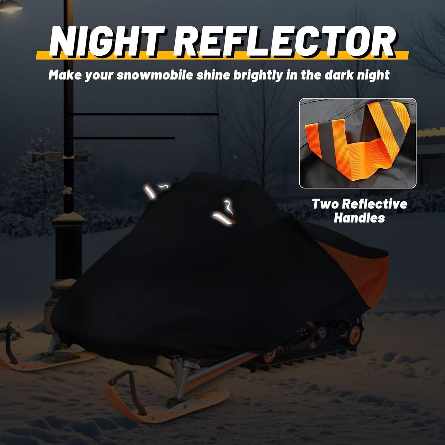 AUTOLION Waterproof Snowmobile Cover, Compatible with Polaris Ski Doo Arctic Cat Yamaha, Windproof Snowshield Cover with Windproof Buckles (130''L × 51''W × 48''H) Black and Orange