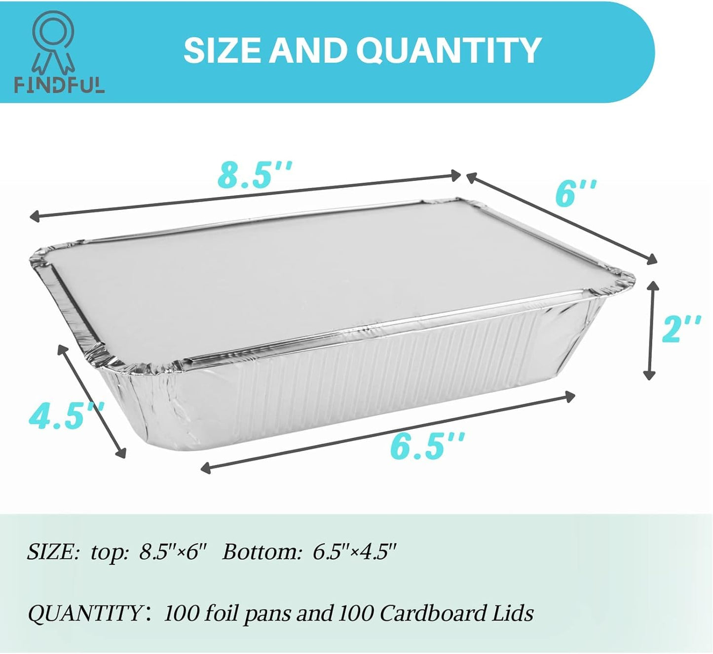 Findful Aluminum Pans with Lids (100-Pack, 8.5"×6") 2.25 LB Capacity Foil Food Containers with Lids - Disposable Tin Foil Pans - for Baking, Meal Prep and Freezer, Takeout (100)