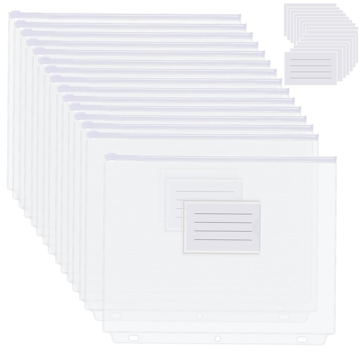 YoeeJob 50 Packs 3-Hole Clear Zipper Binder Pockets, Binder Insert Pages with Card Slots Suitable for School or Office to Organize Document, White Zippers